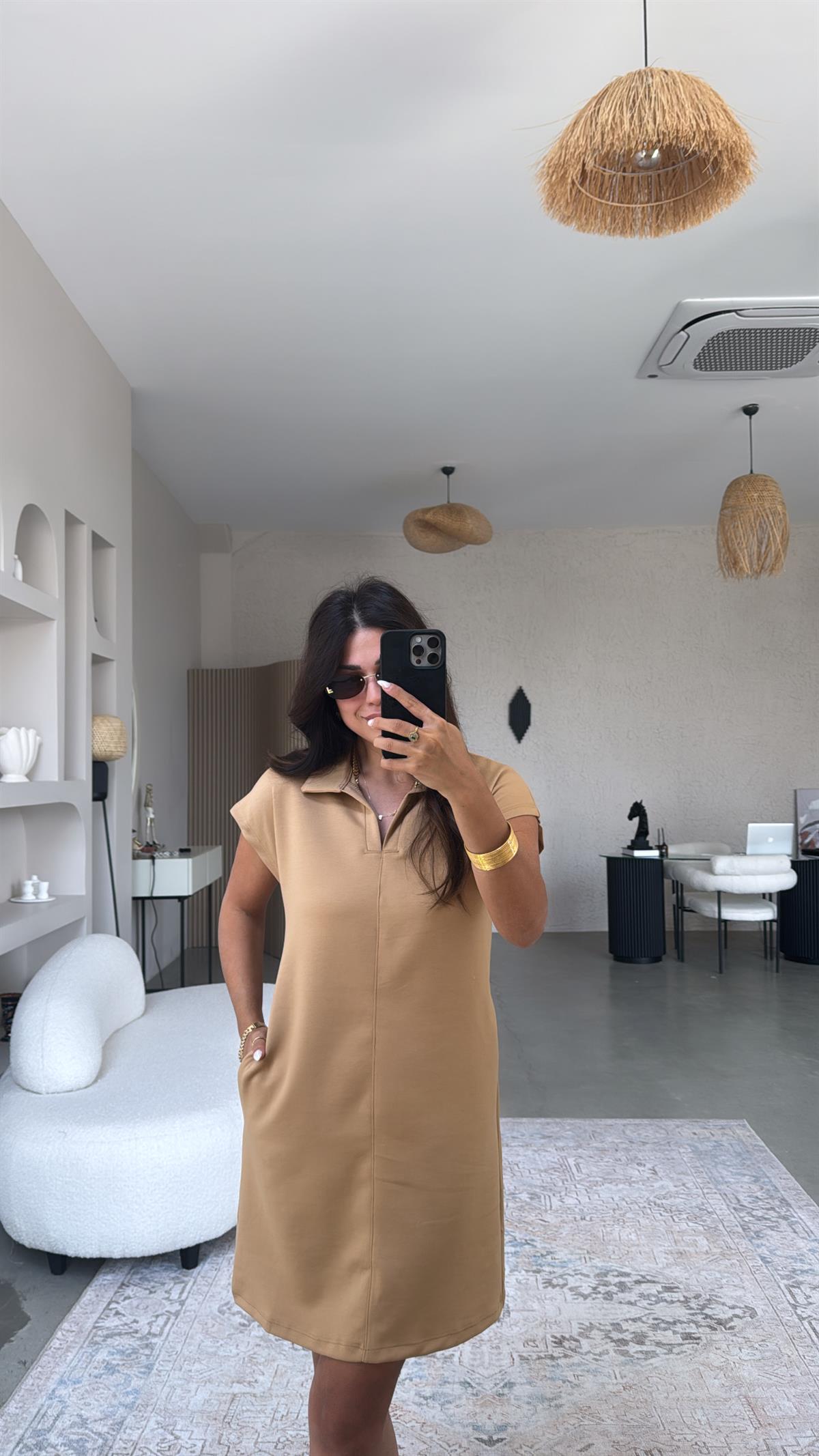 Camel Polo Yaka Çımalı Elbise