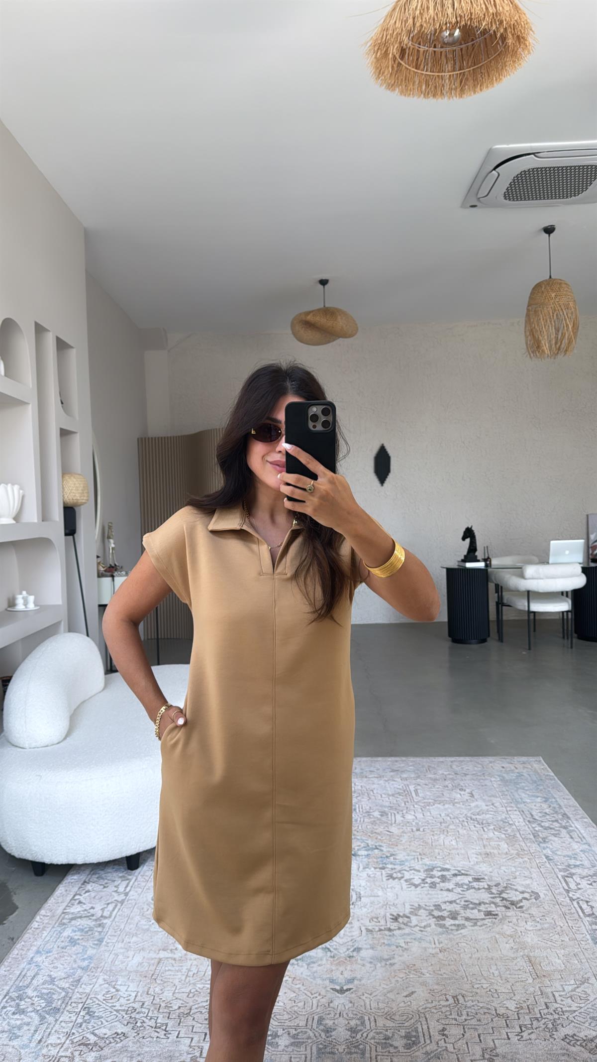 Camel Polo Yaka Çımalı Elbise