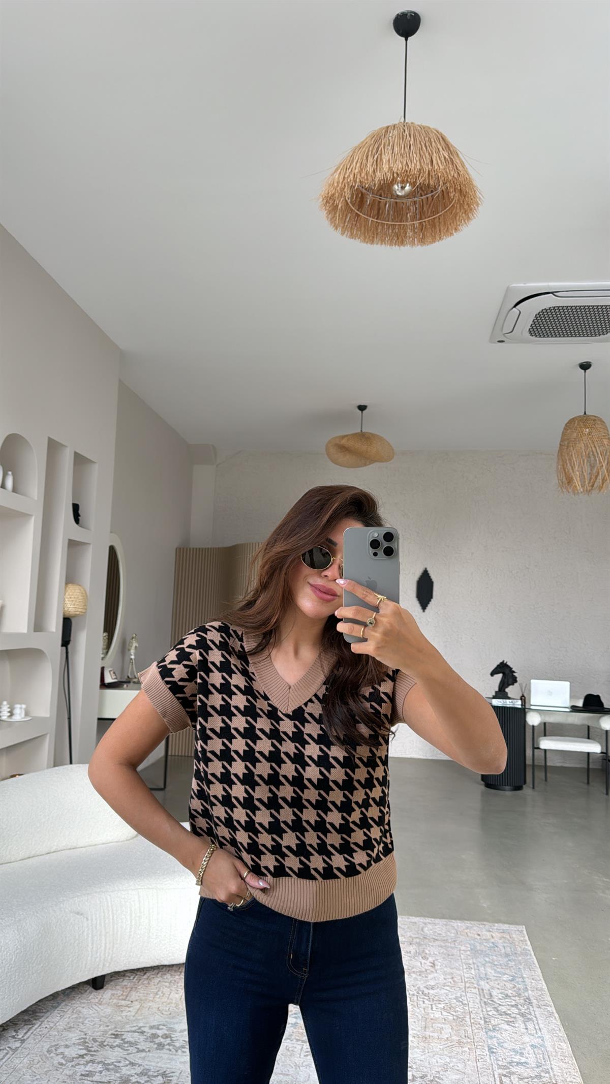 Camel Siyah Kazayağı Triko Bluz