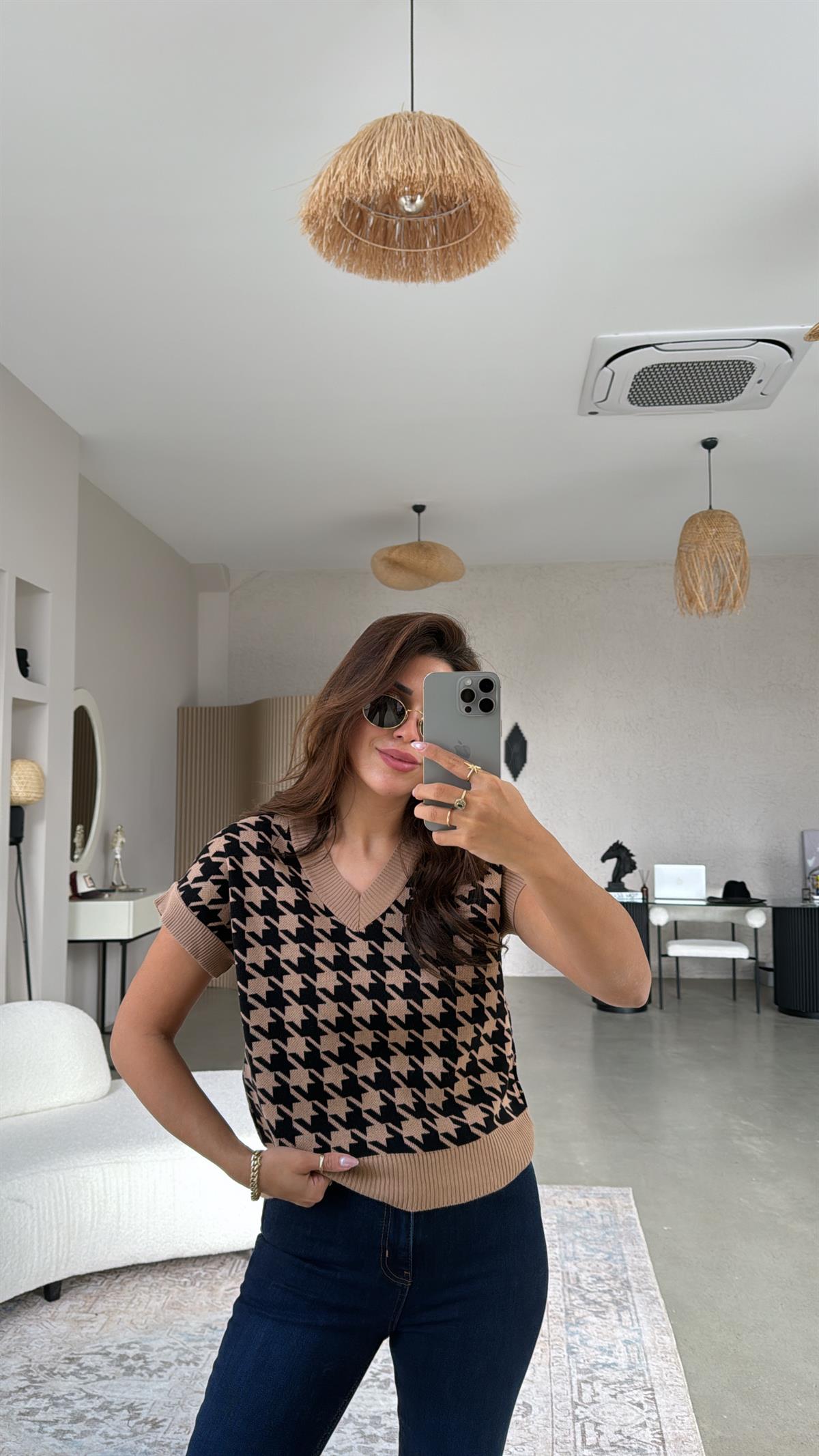 Camel Siyah Kazayağı Triko Bluz