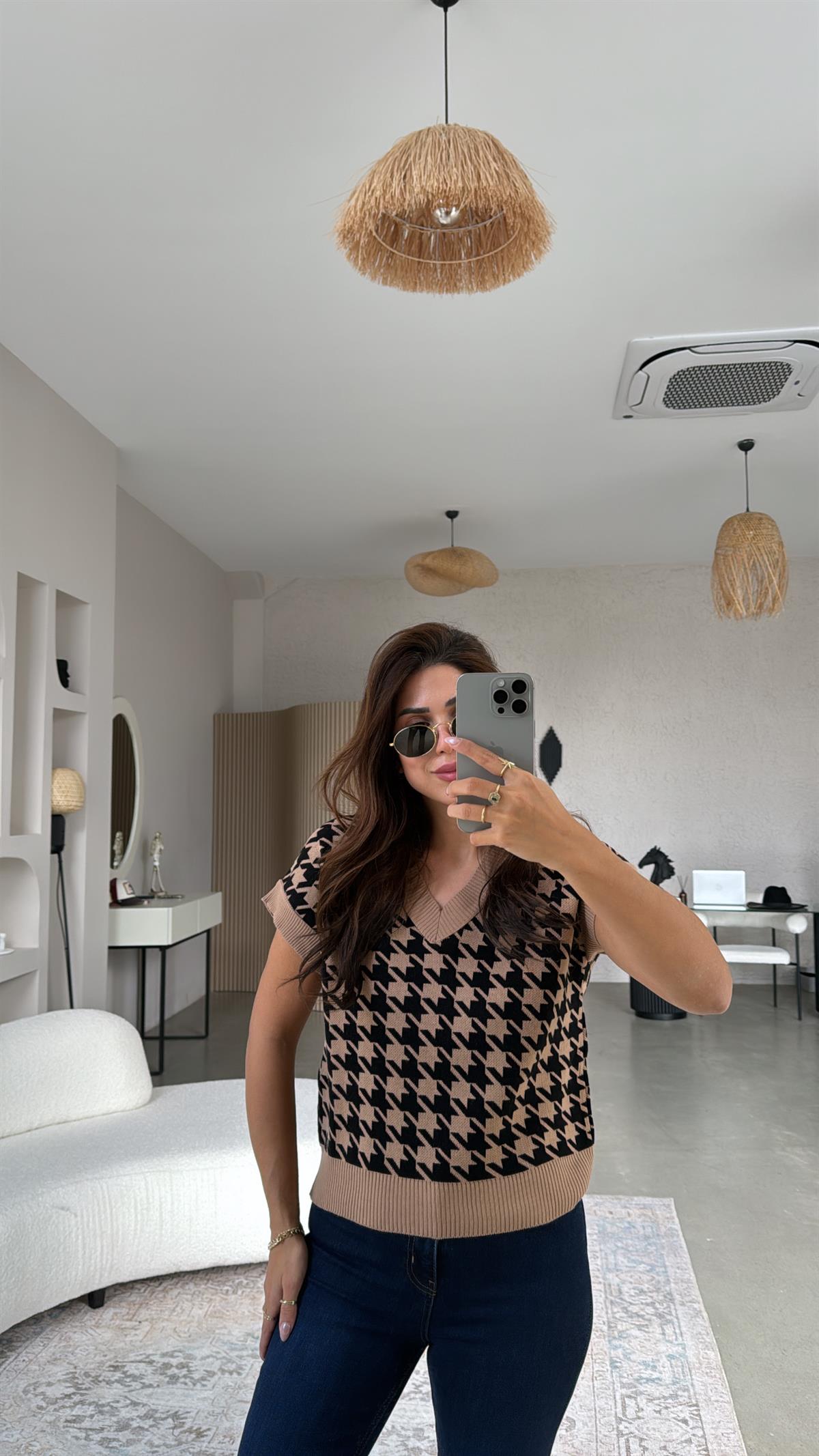 Camel Siyah Kazayağı Triko Bluz