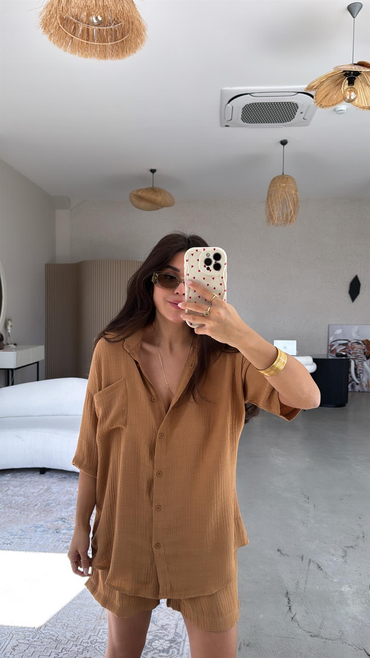 Camel Şort Gömlek Takım