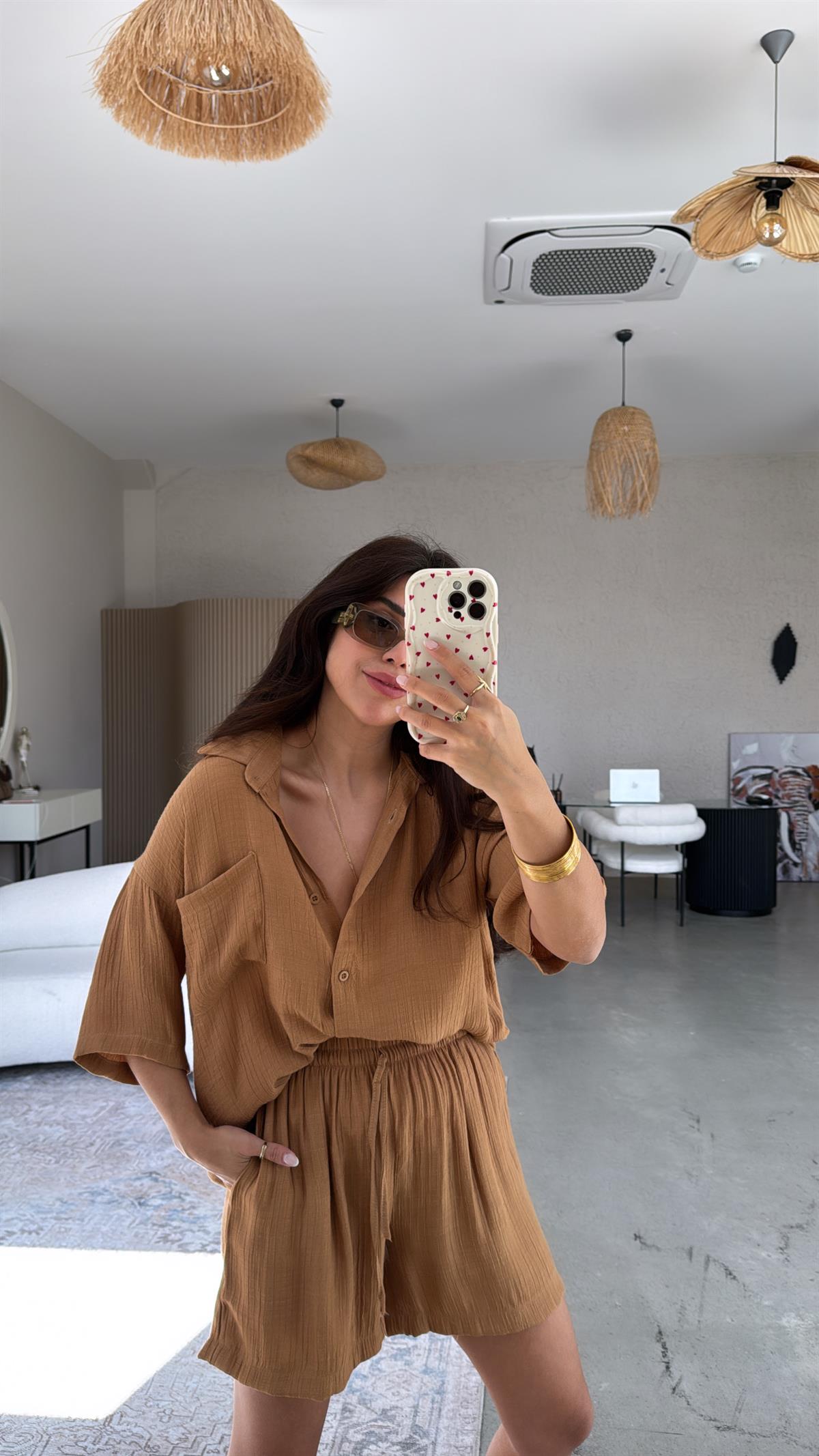 Camel Şort Gömlek Takım