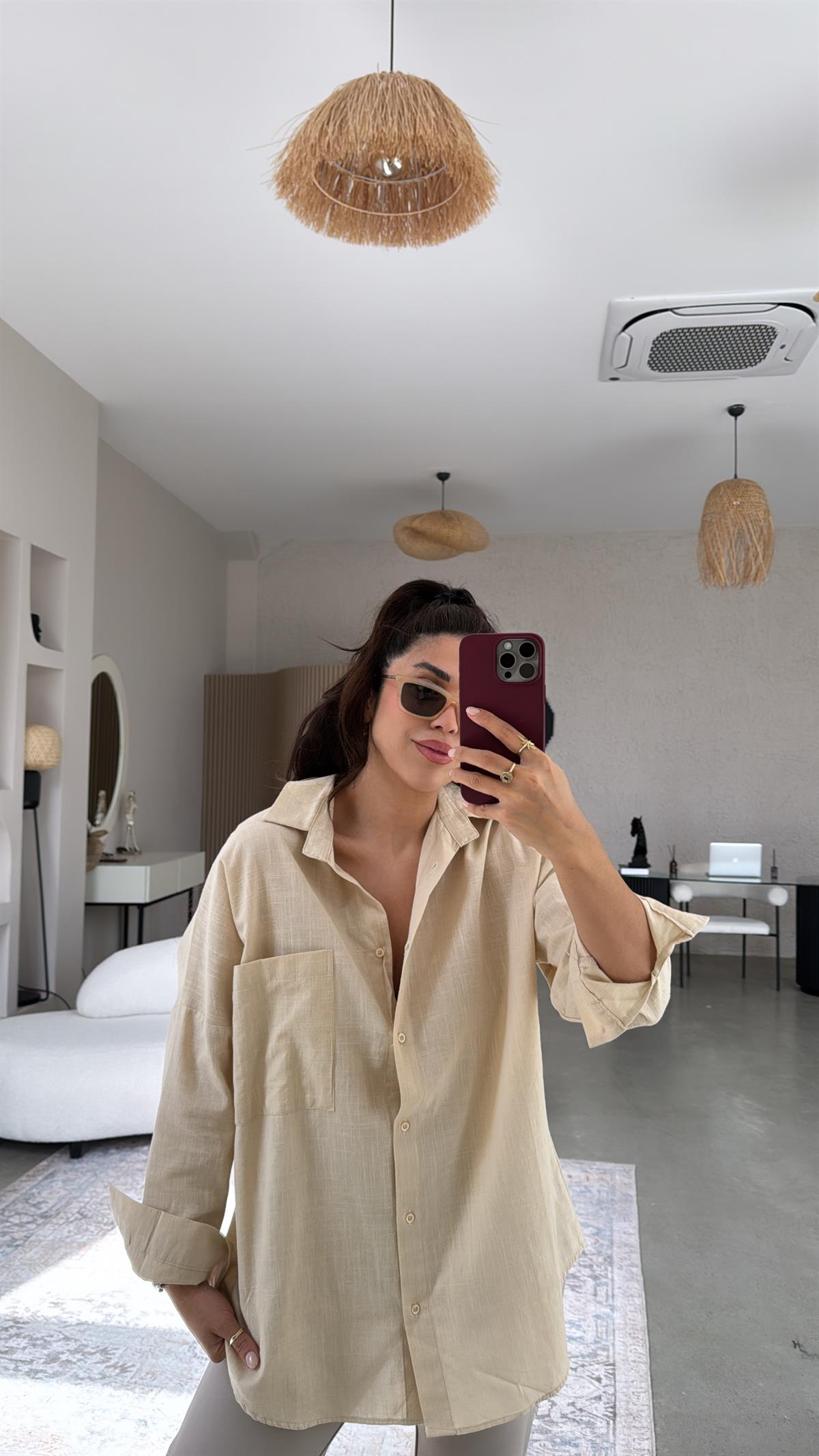 Camel Tek Cepli Keten Gömlek