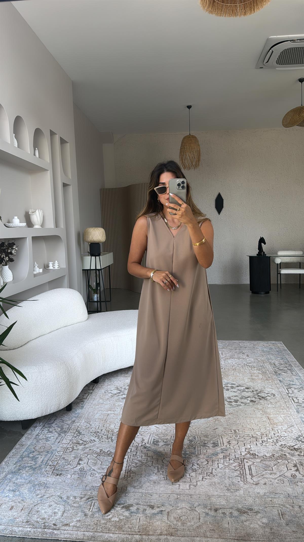 Camel V Yaka Kolsuz Krep Elbise