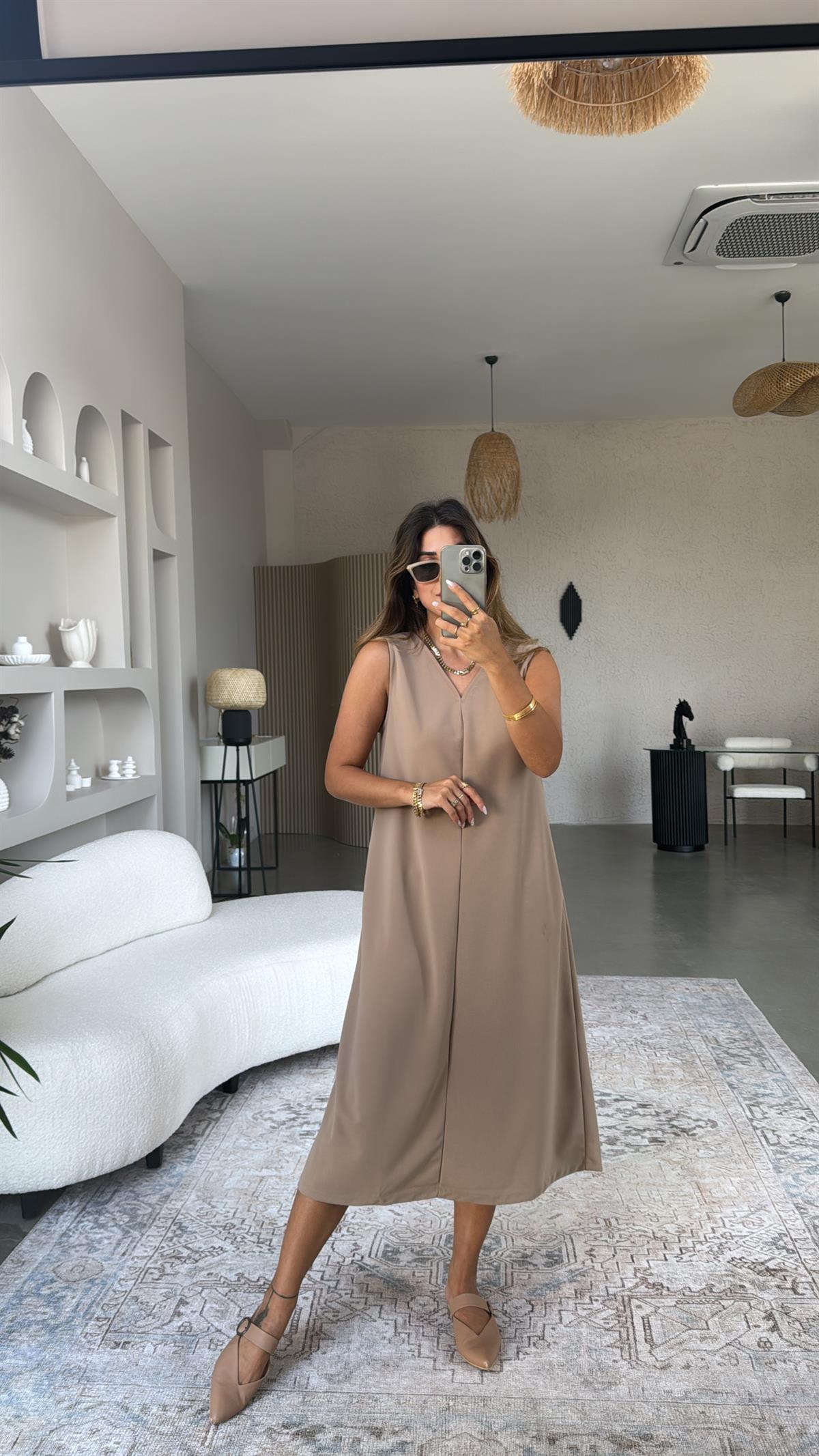 Camel V Yaka Kolsuz Krep Elbise
