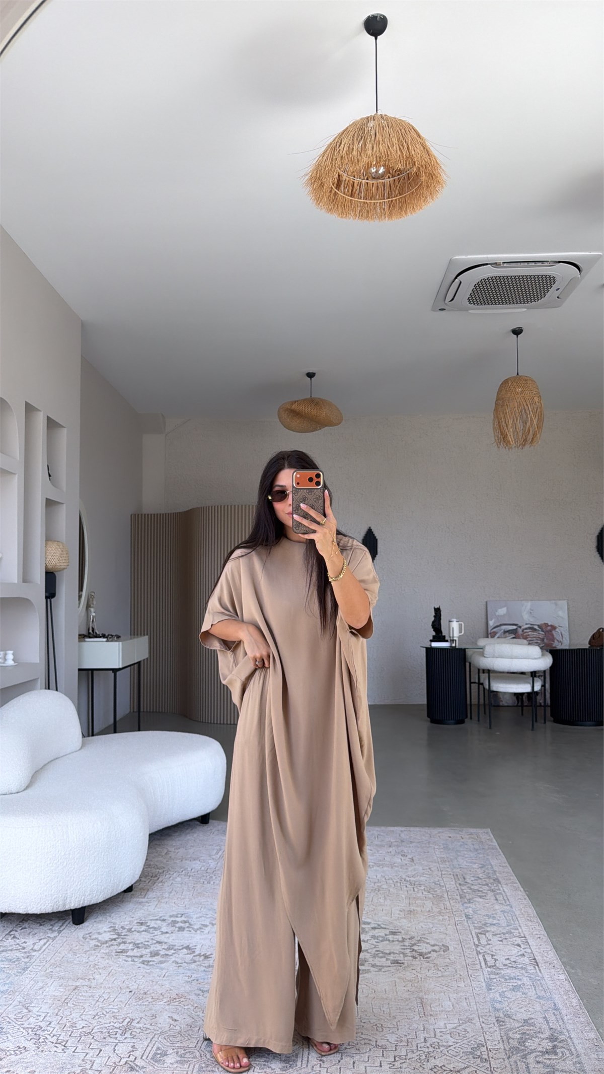 Camel Viskon Kumaş Asimetrik Bluz Pantolon Takım