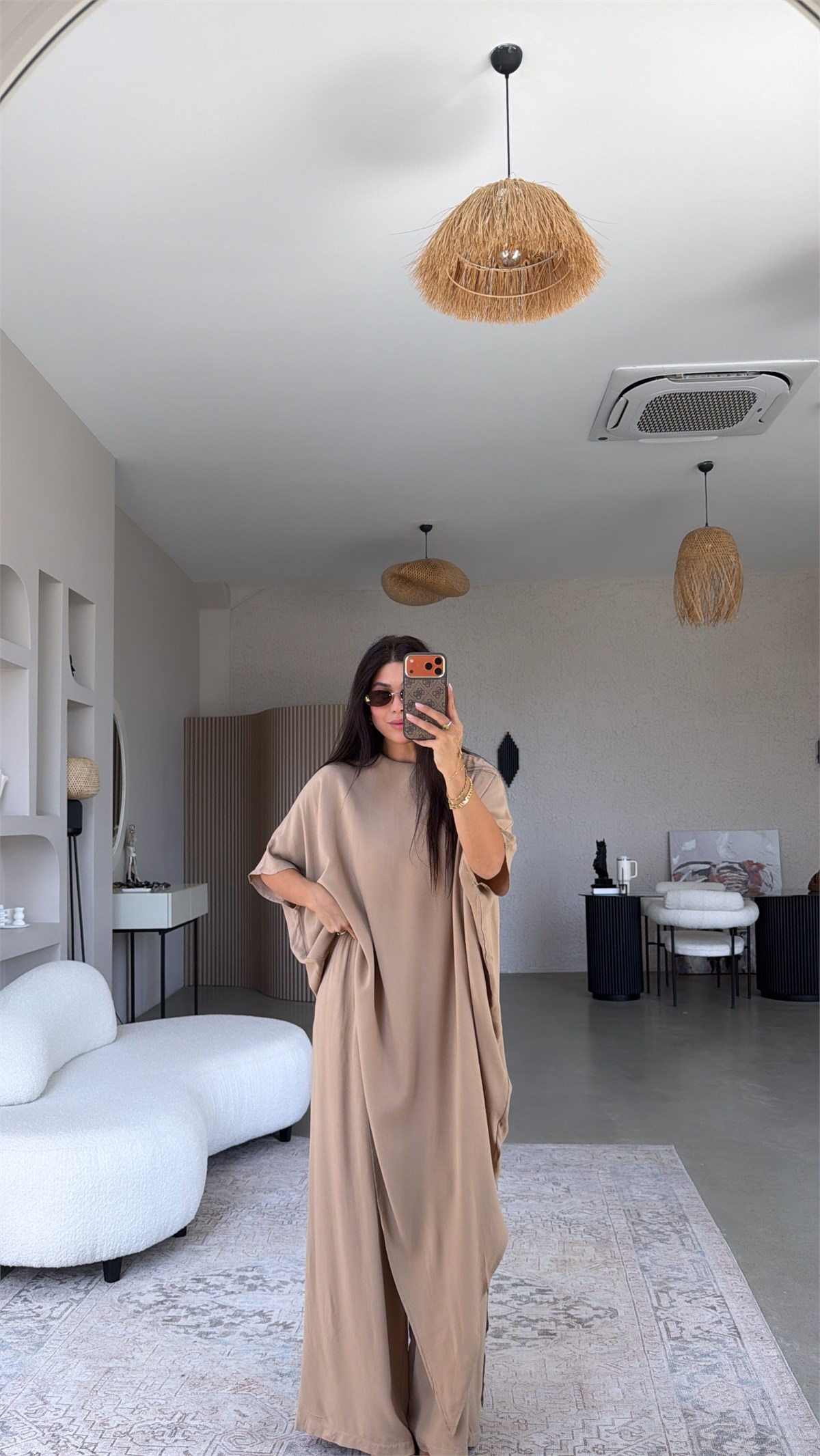 Camel Viskon Kumaş Asimetrik Bluz Pantolon Takım