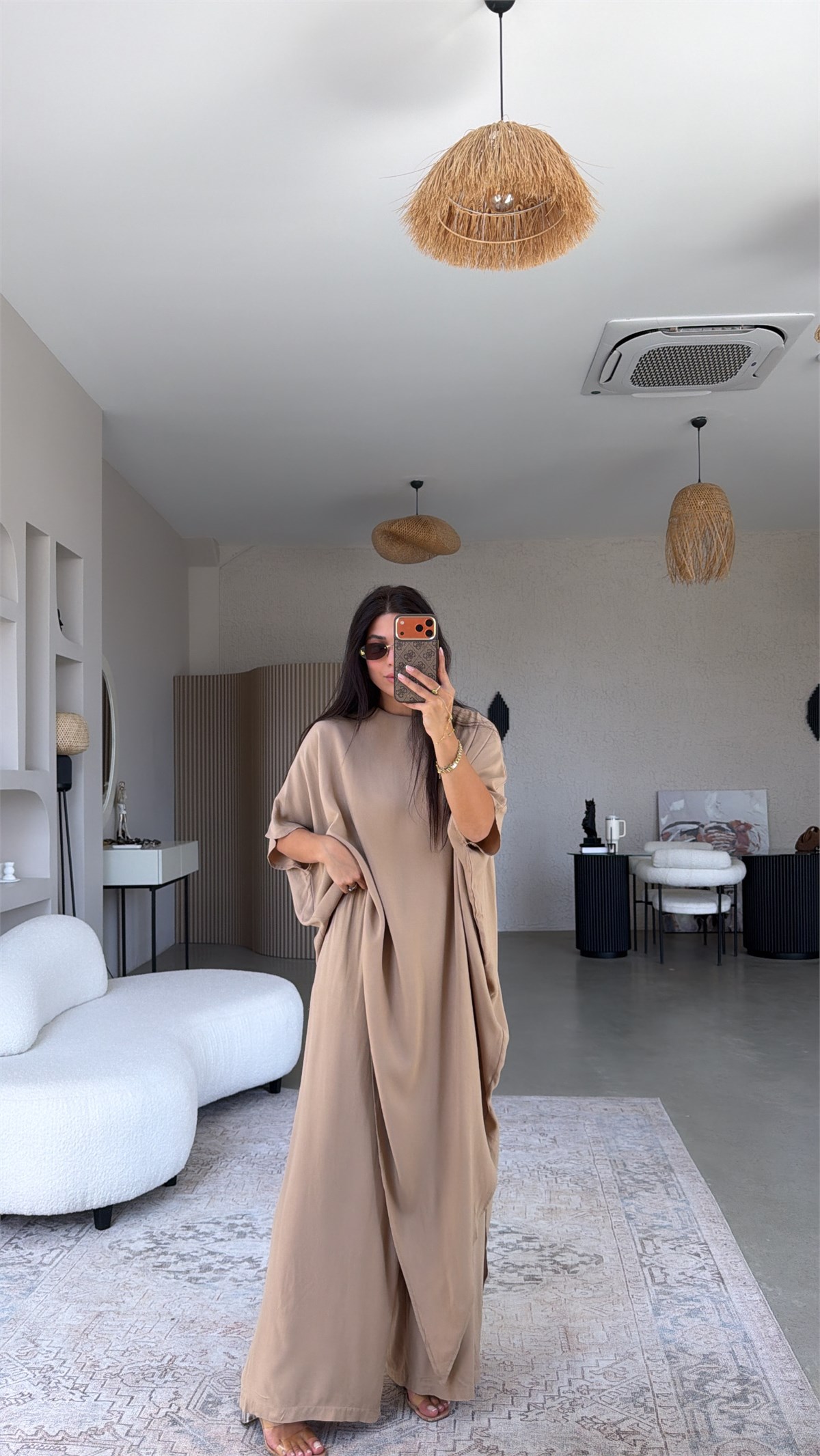 Camel Viskon Kumaş Asimetrik Bluz Pantolon Takım