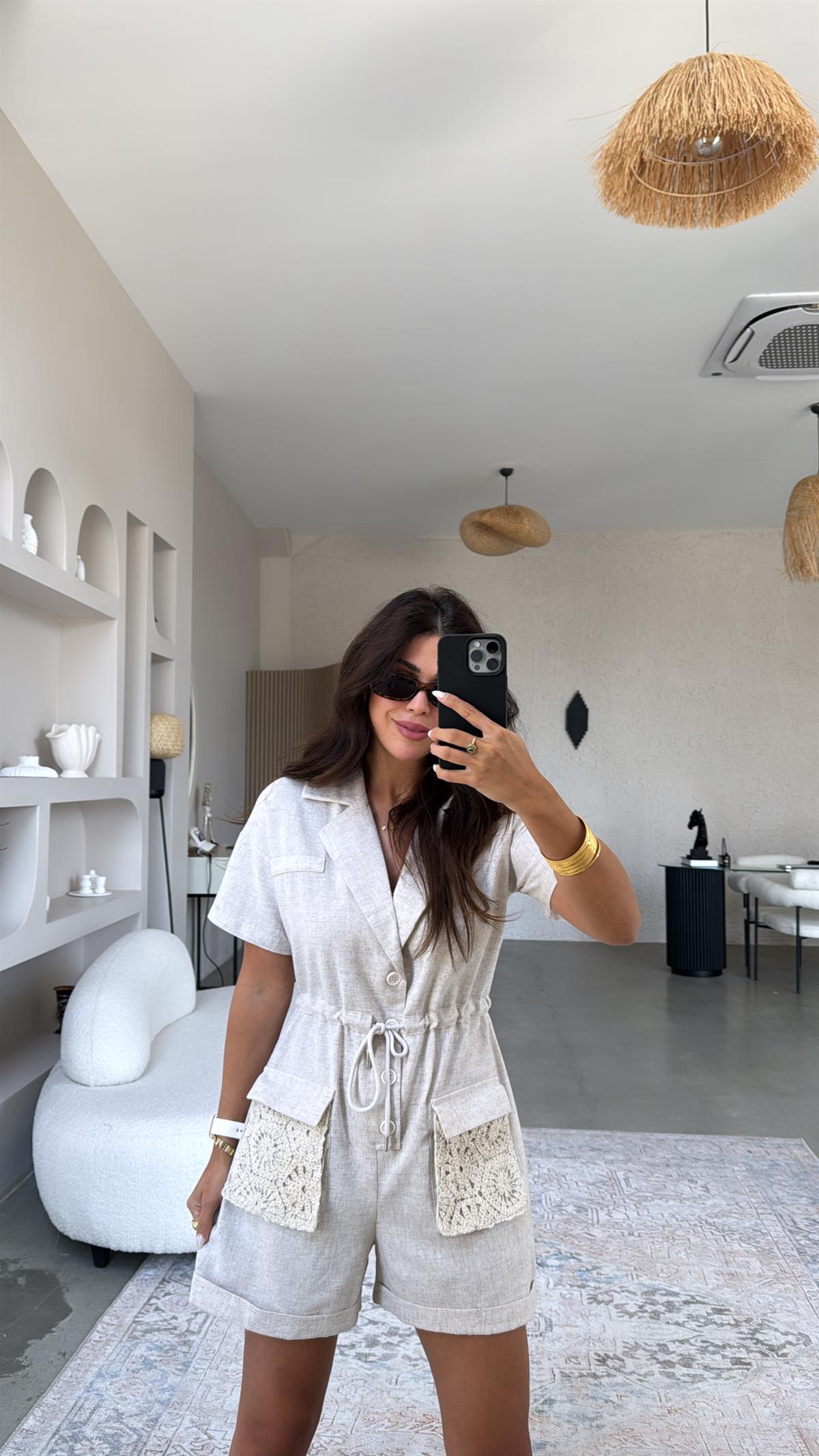 Cebi Dantel Detaylı Keten Tulum