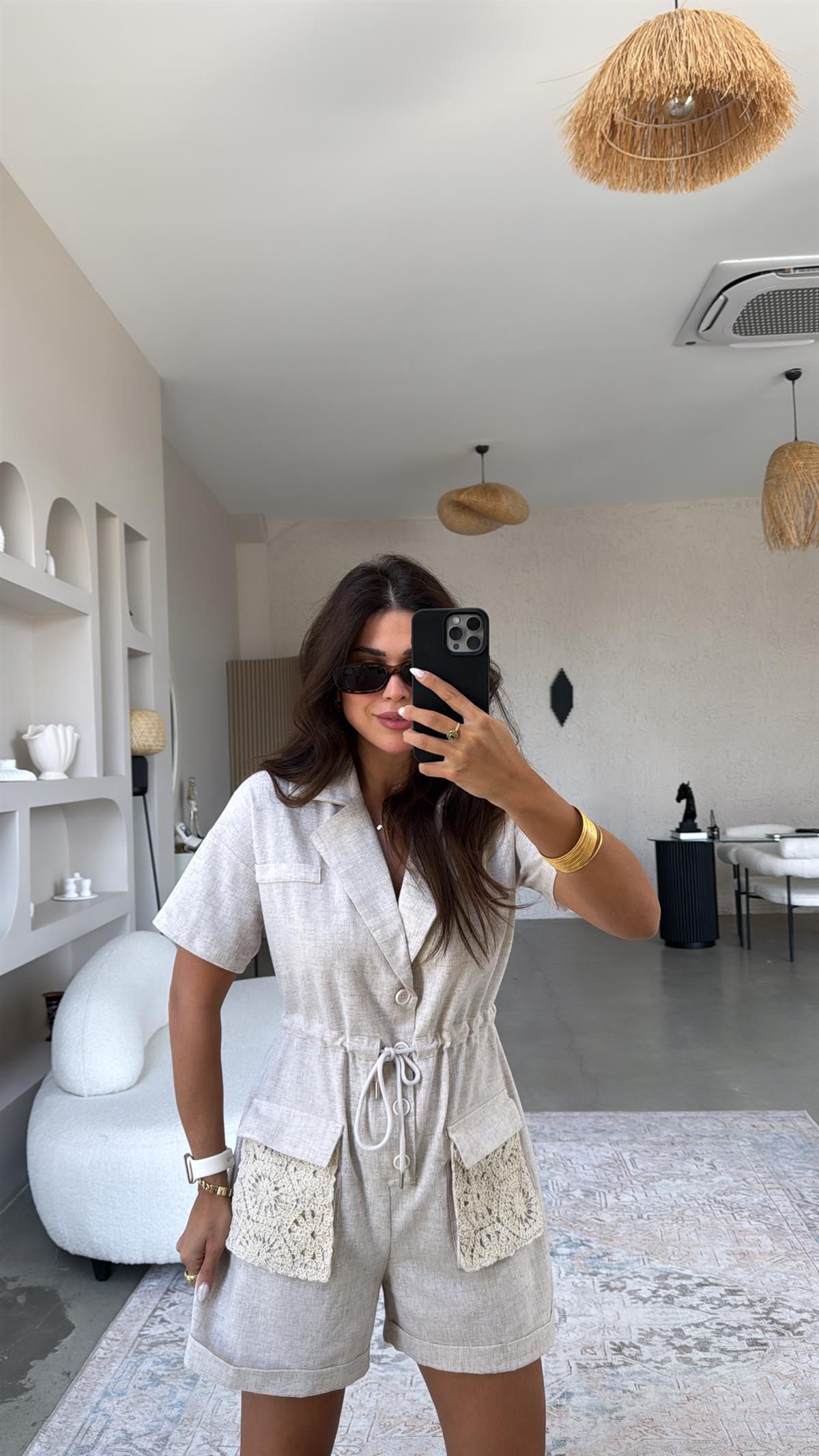 Cebi Dantel Detaylı Keten Tulum