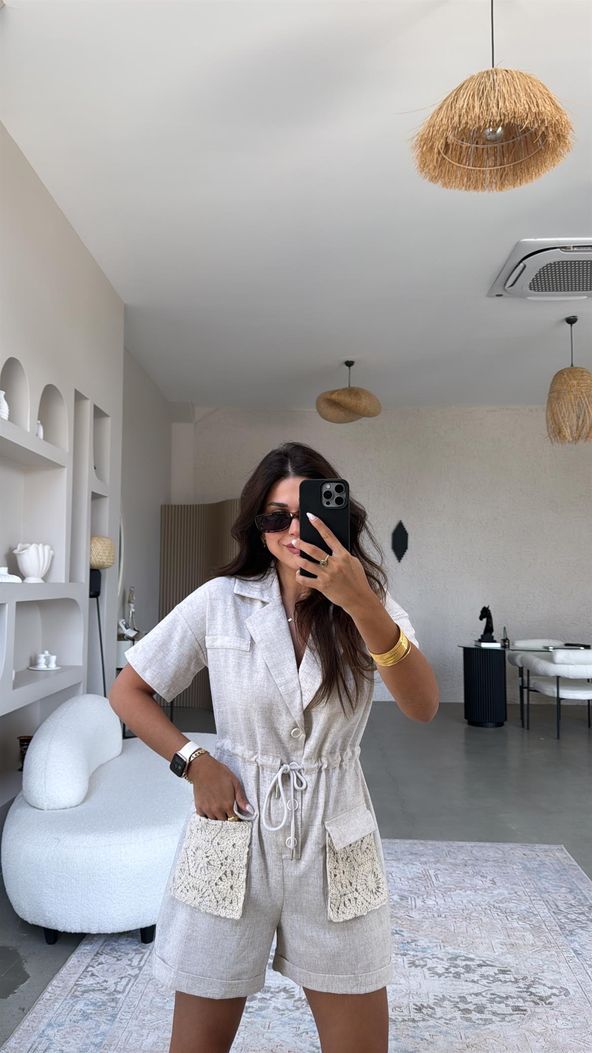 Cebi Dantel Detaylı Keten Tulum