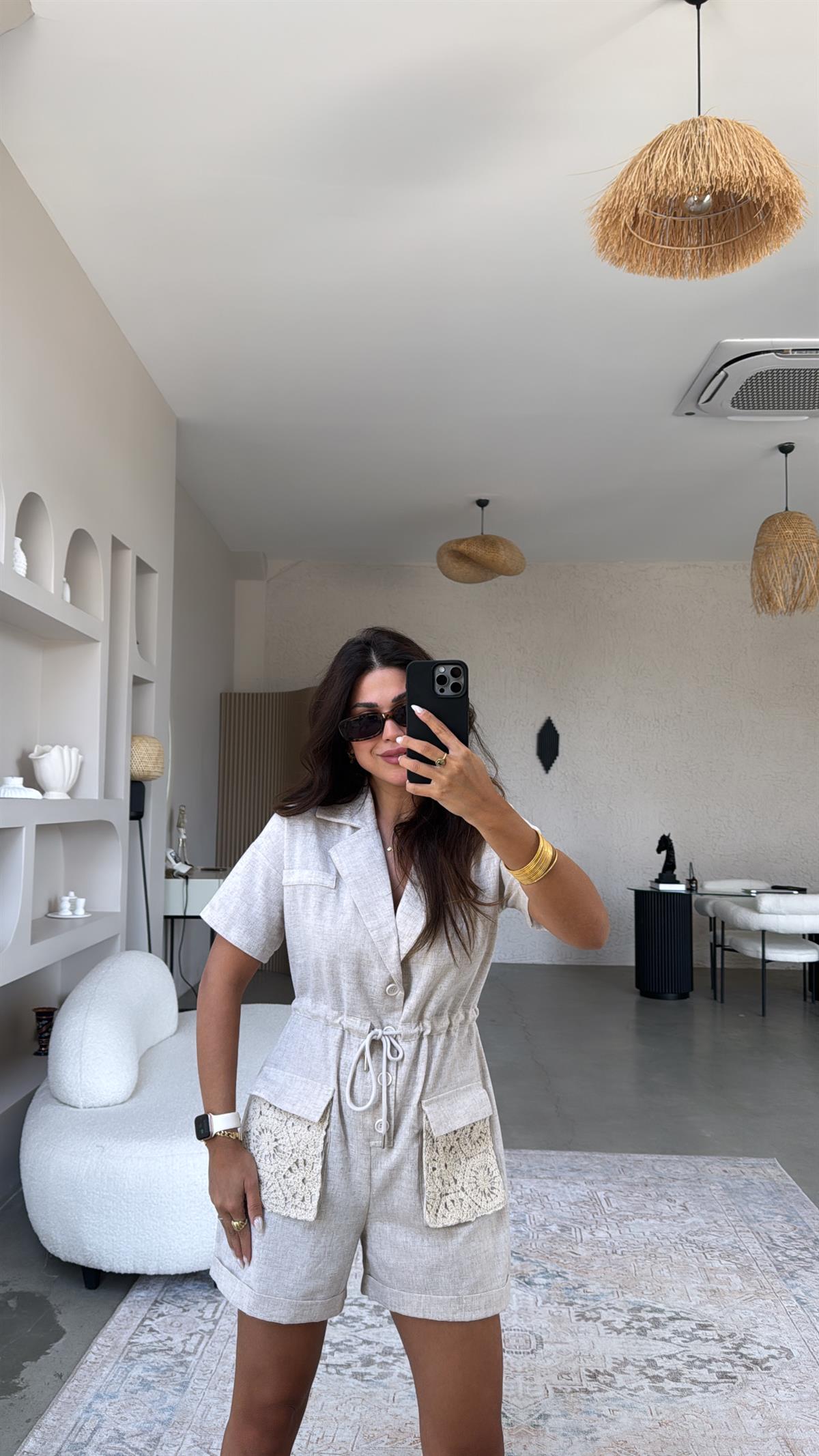 Cebi Dantel Detaylı Keten Tulum