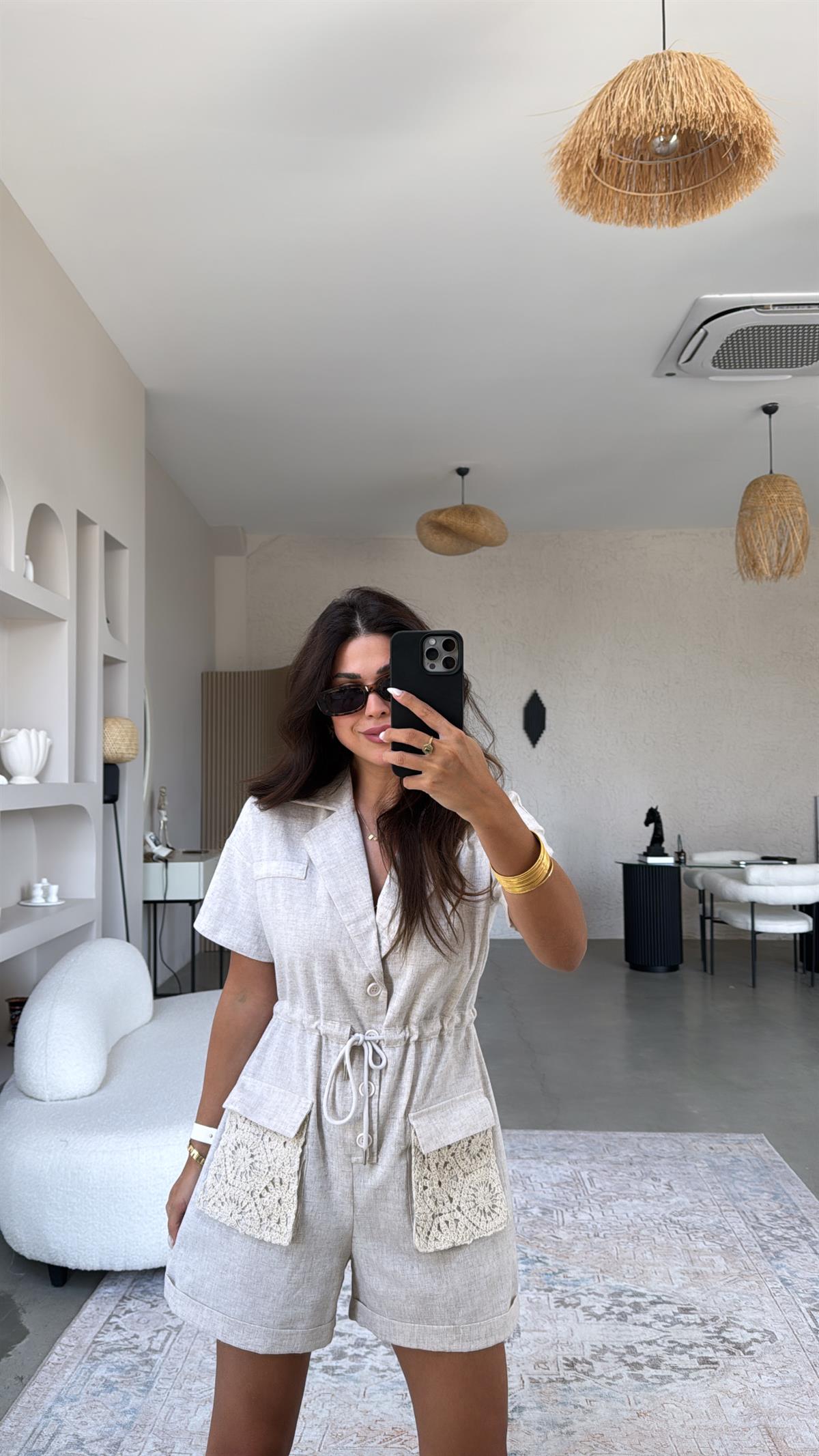 Cebi Dantel Detaylı Keten Tulum