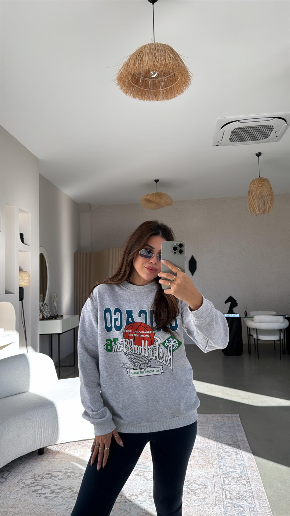 Chicago Yazılı Gri İki İplik Sweatshirt
