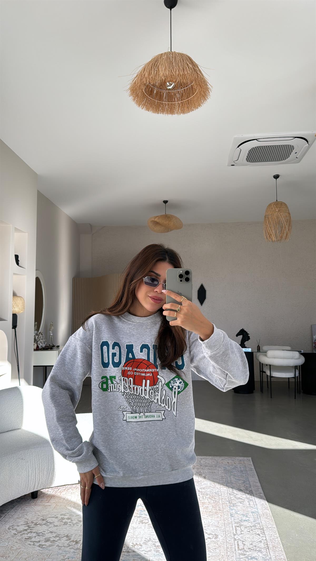 Chicago Yazılı Gri İki İplik Sweatshirt