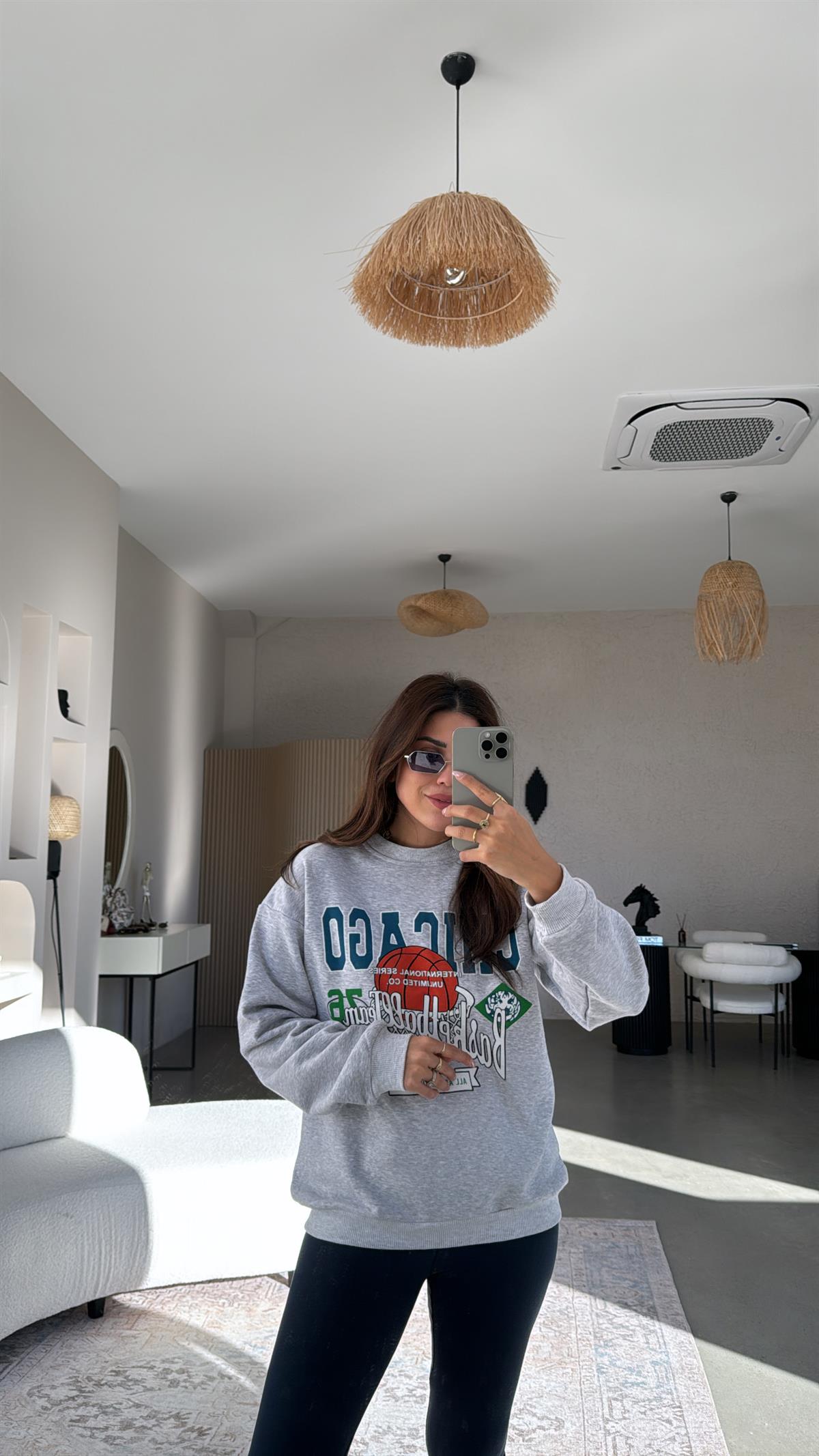 Chicago Yazılı Gri İki İplik Sweatshirt