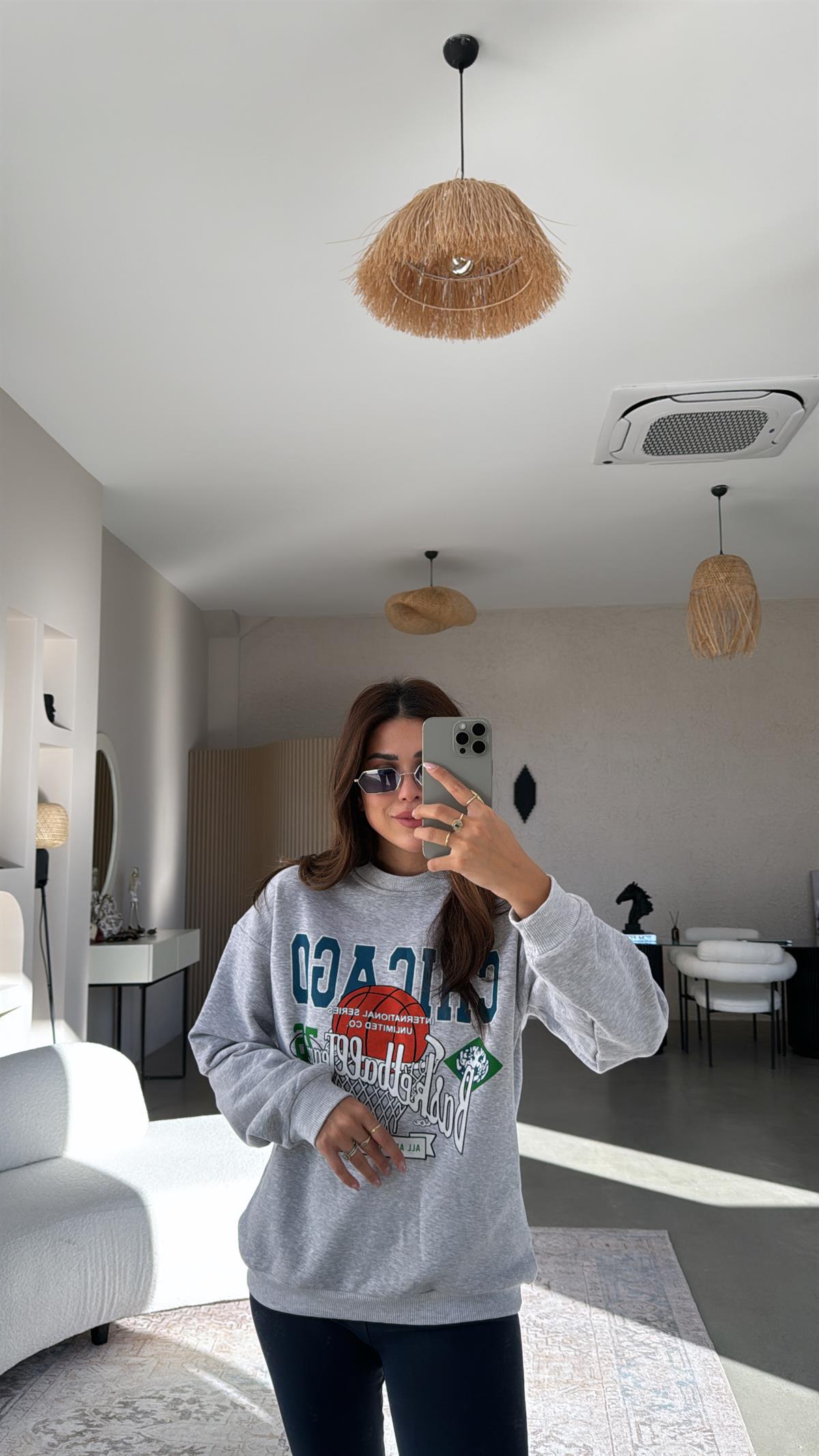 Chicago Yazılı Gri İki İplik Sweatshirt