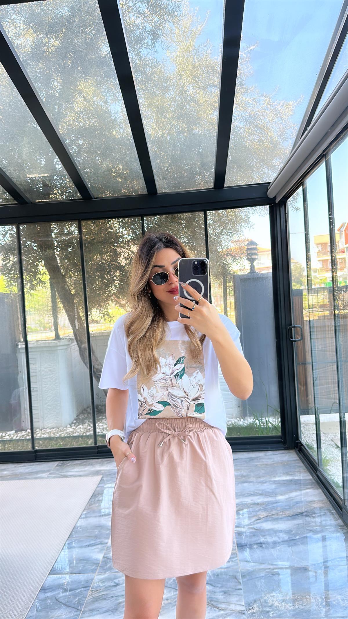 Çiçek Baskılı Bej Etek Tshirt Takım