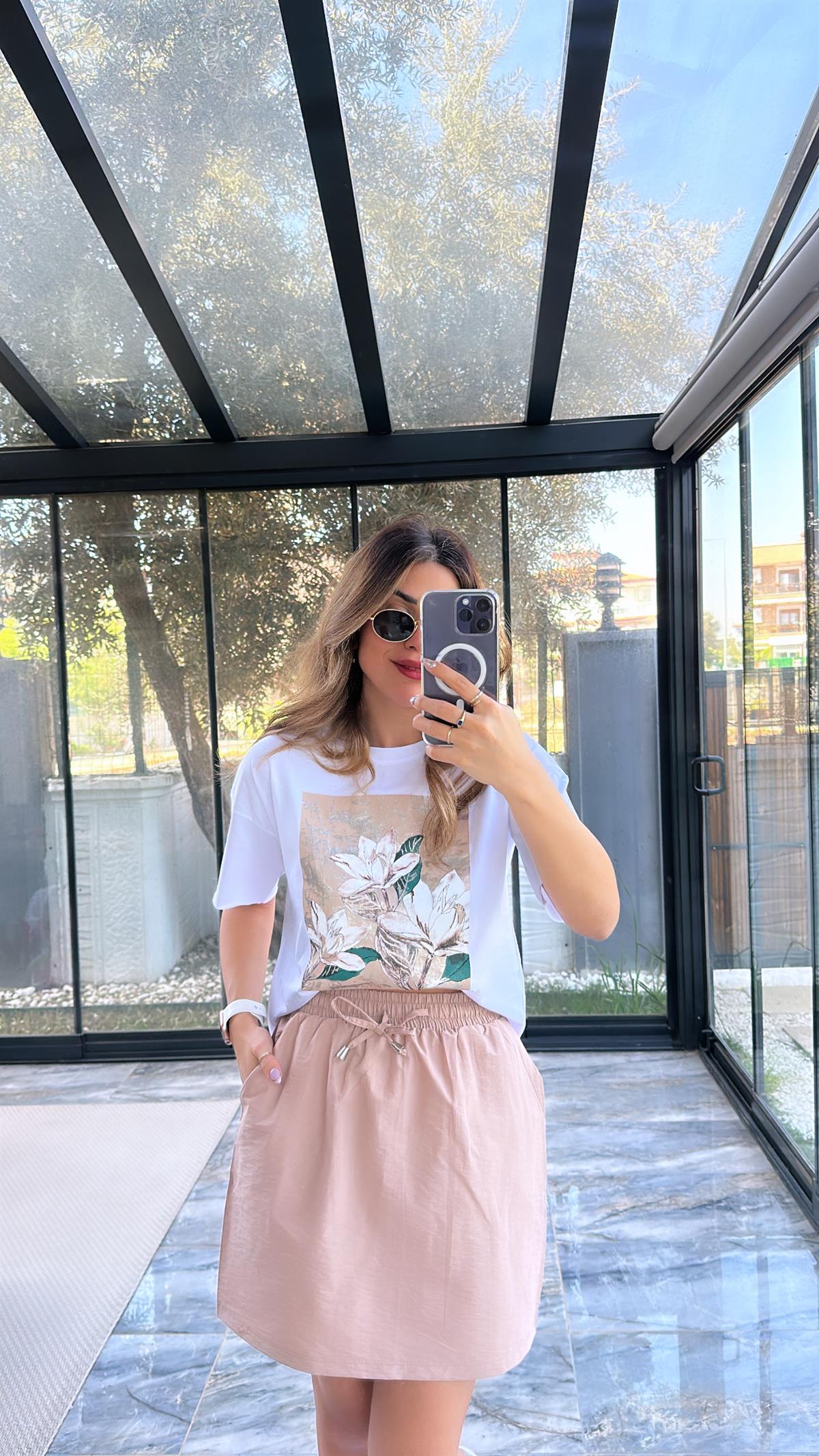 Çiçek Baskılı Bej Etek Tshirt Takım