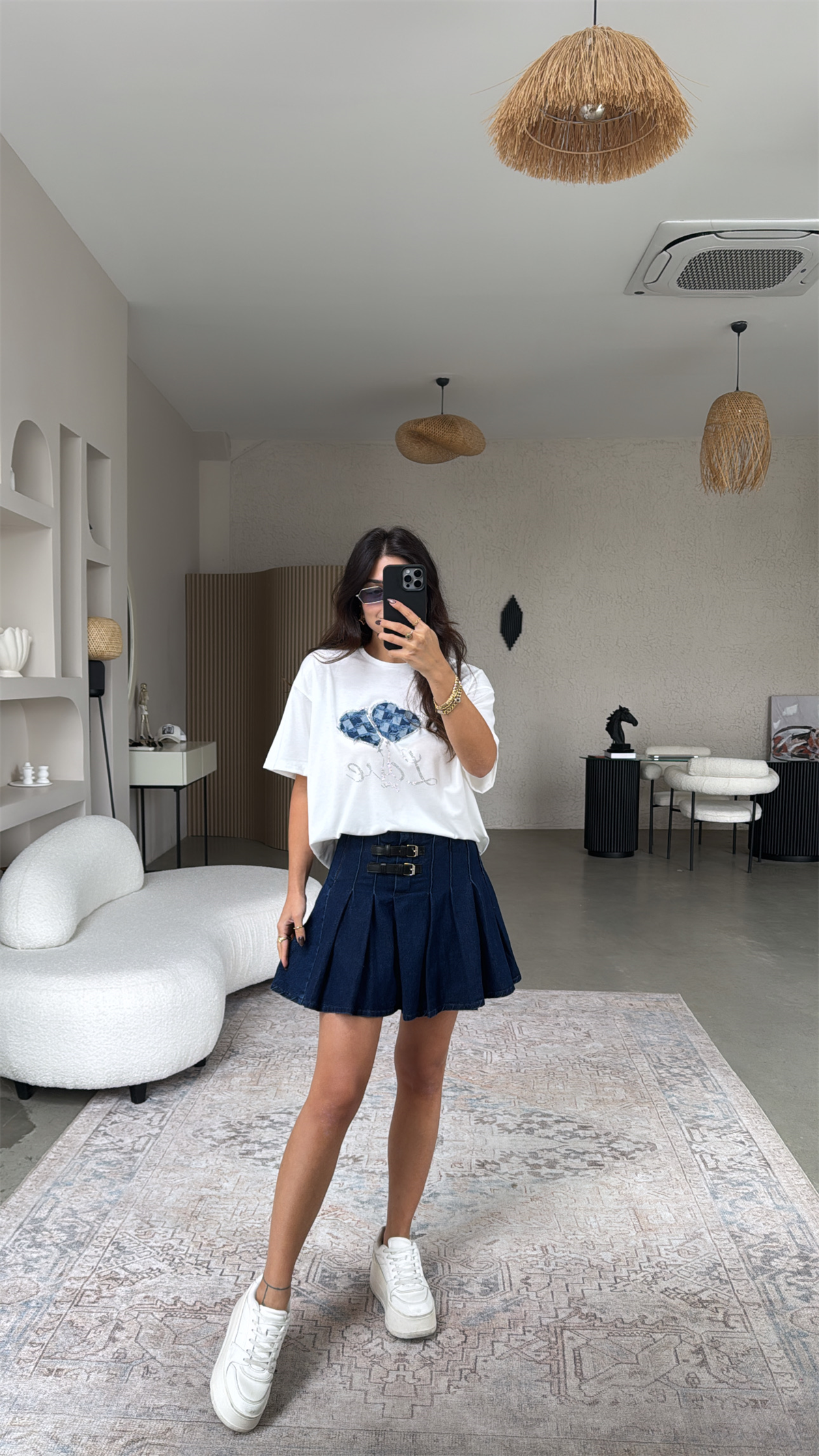 Çift Kemerli Denim Pileli Etek