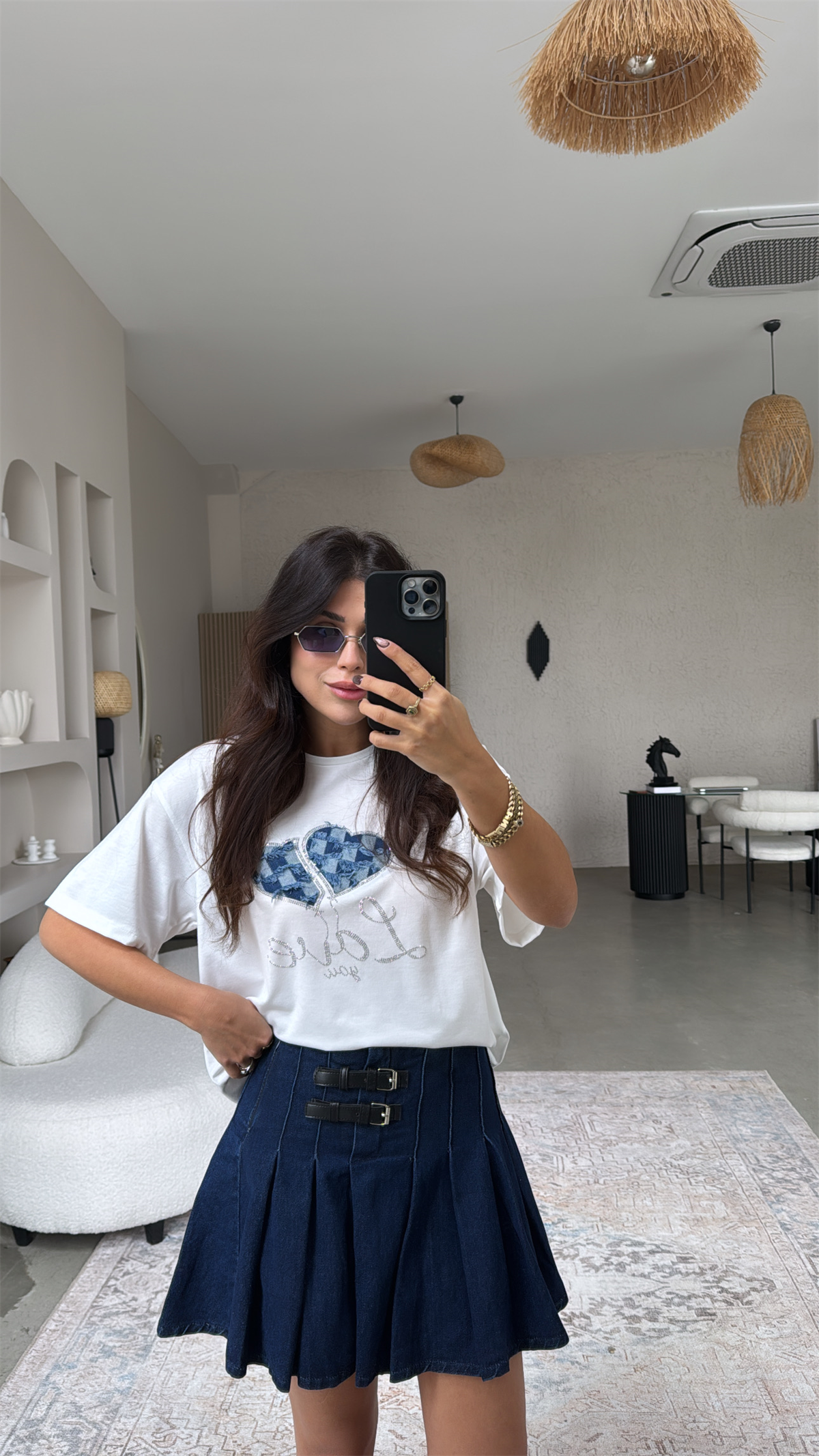 Çift Kemerli Denim Pileli Etek