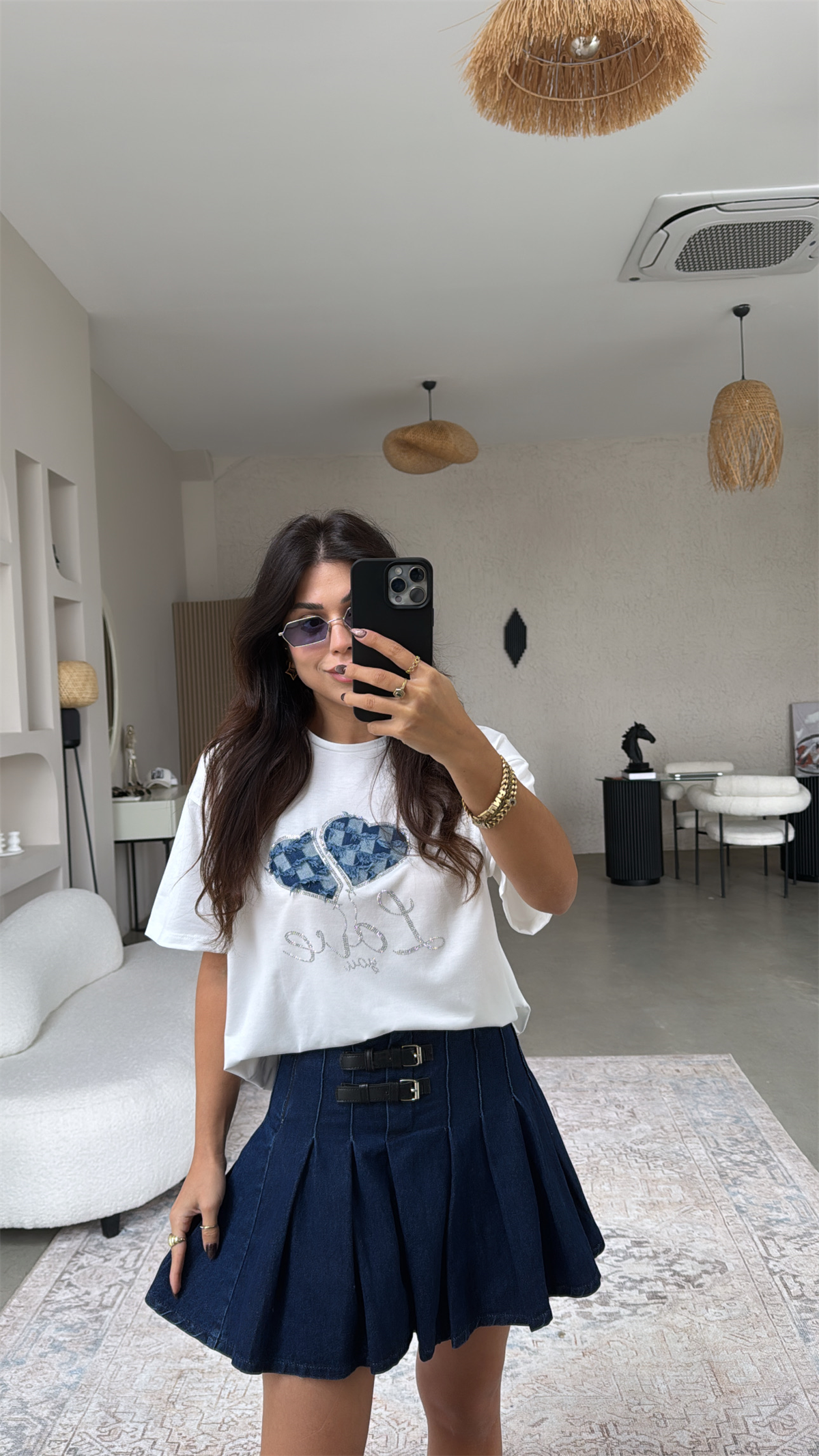 Çift Kemerli Denim Pileli Etek