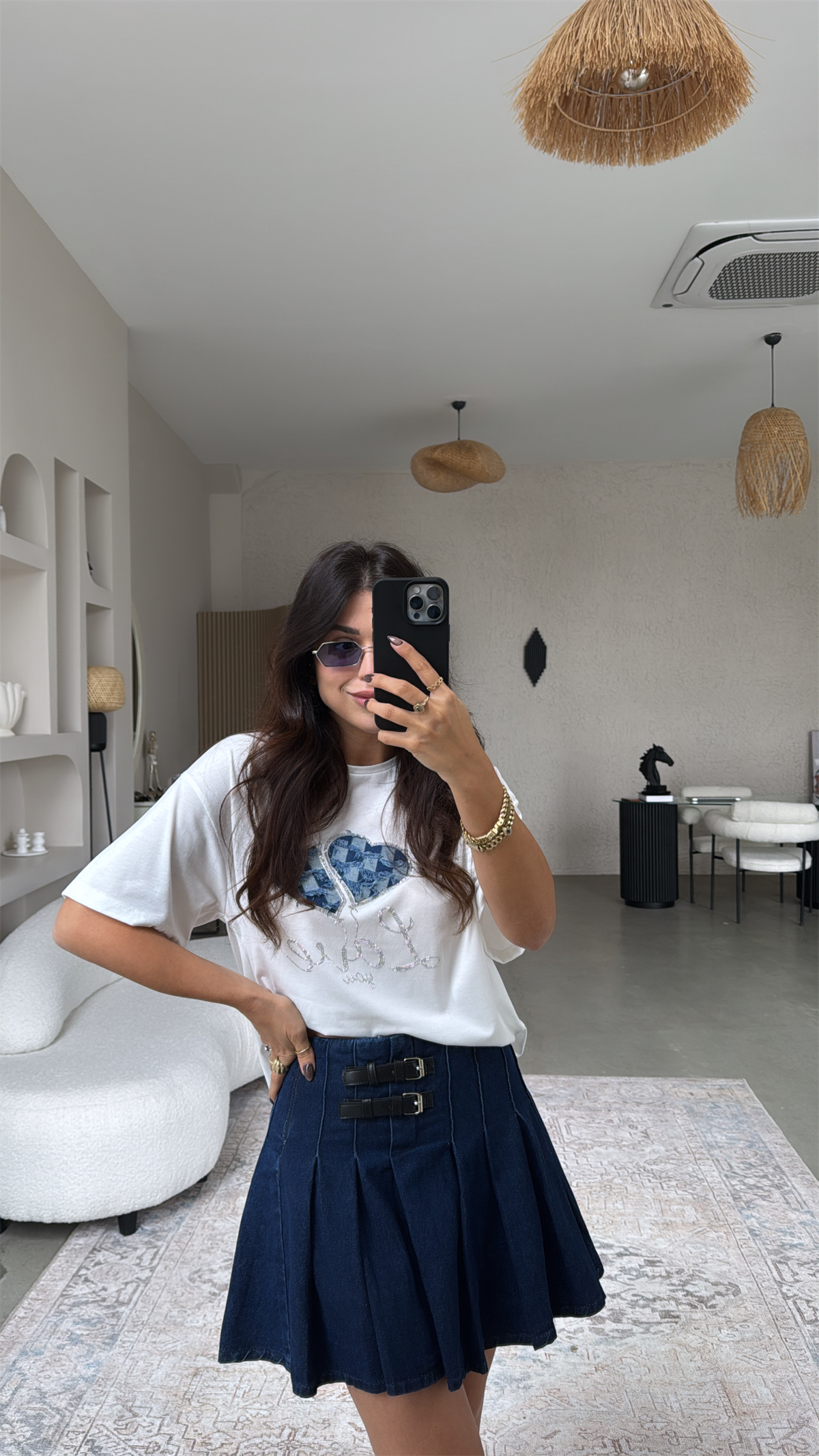 Çift Kemerli Denim Pileli Etek