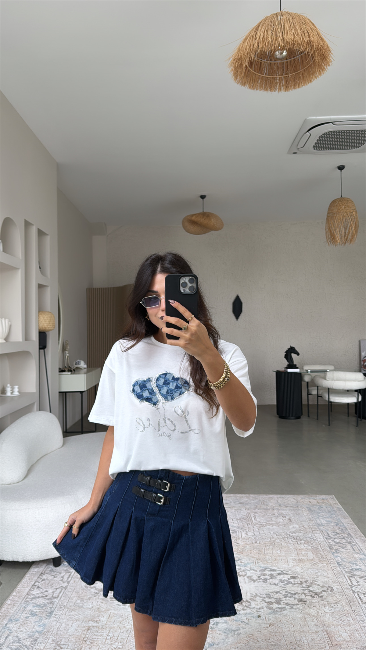 Çift Kemerli Denim Pileli Etek