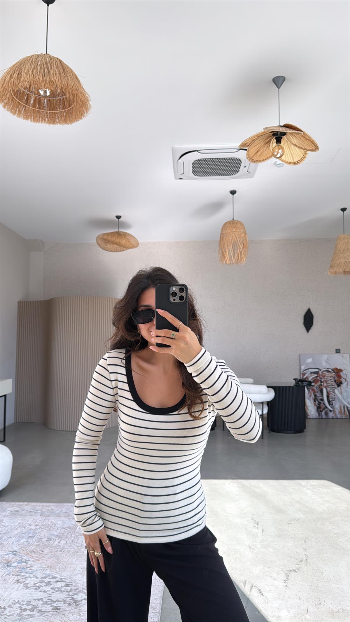 Çizgili Oval Yaka Uzun Kollu Basic