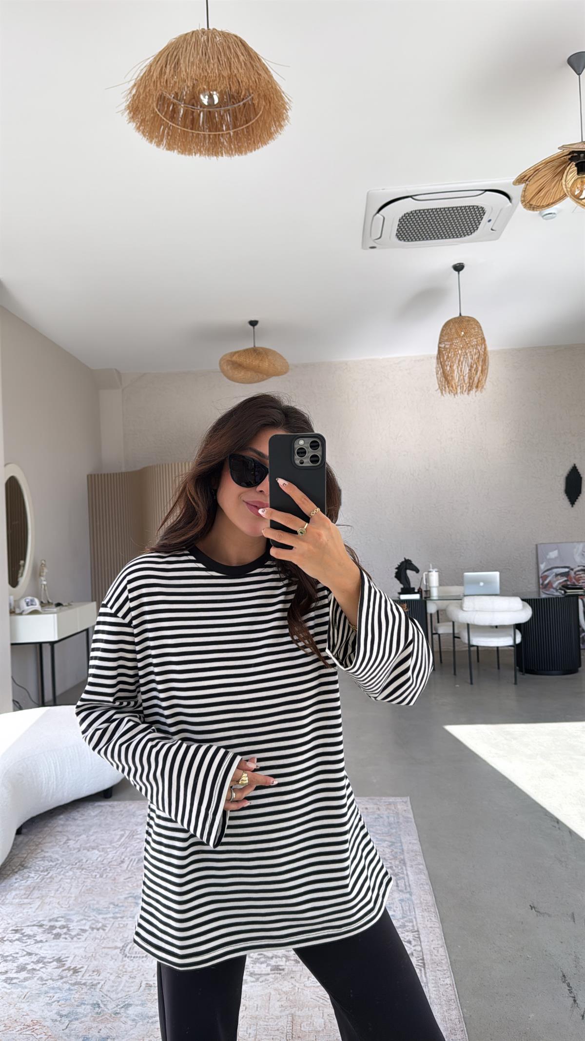 Çizgili Uzun Kol Basic Pamuk Tshirt