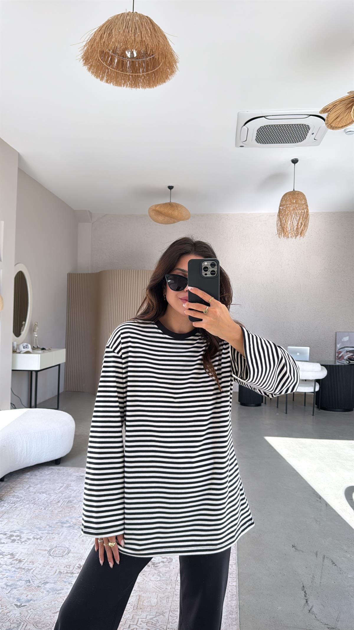 Çizgili Uzun Kol Basic Pamuk Tshirt