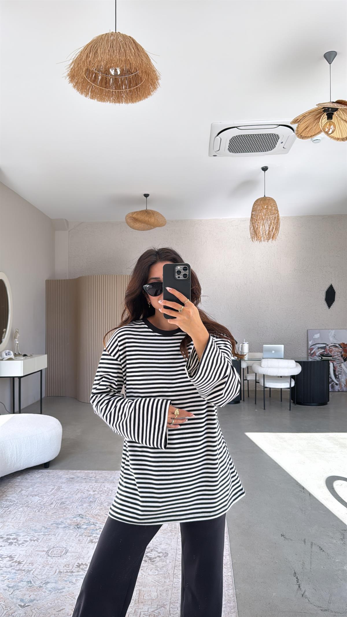 Çizgili Uzun Kol Basic Pamuk Tshirt