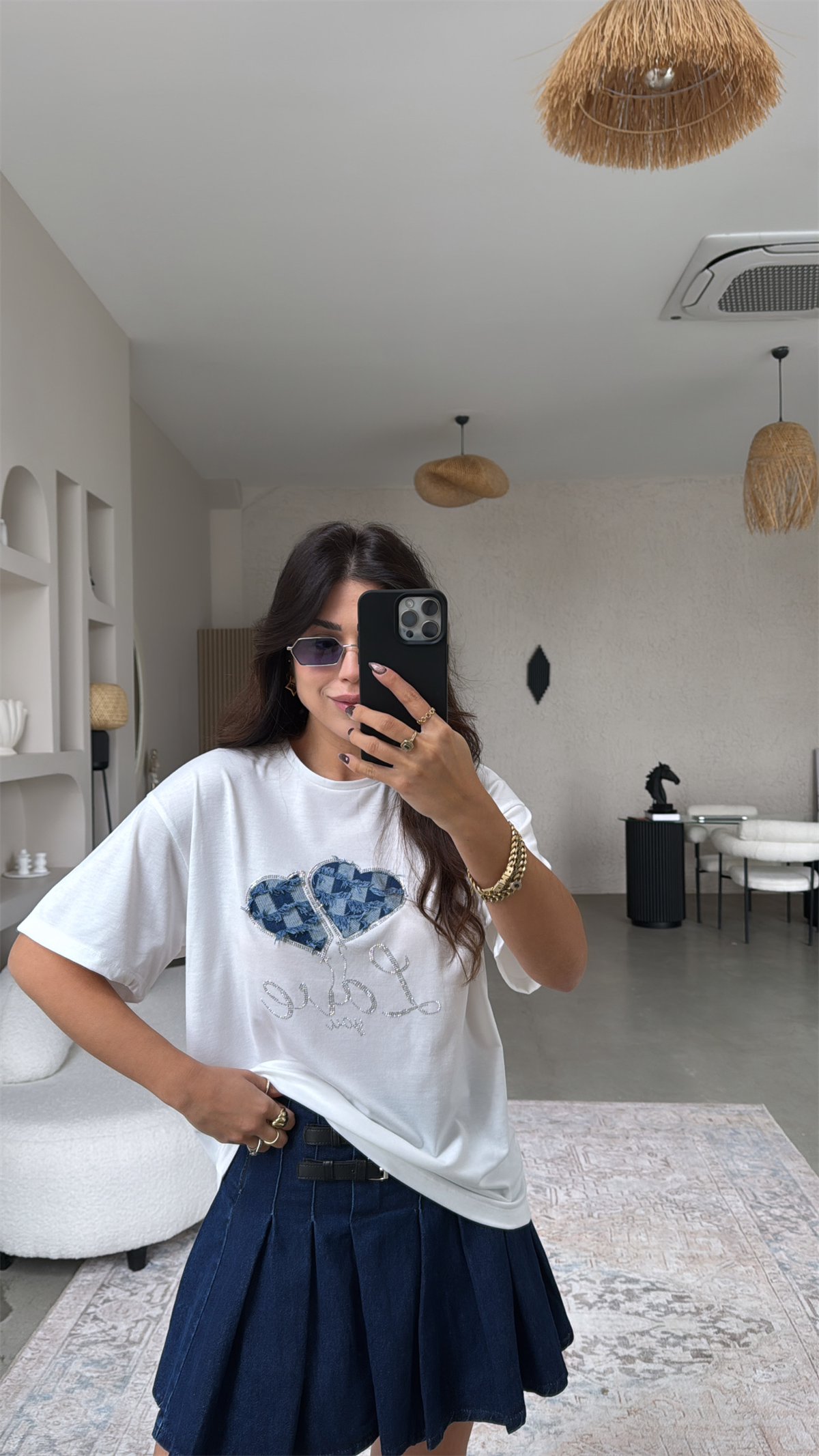 Denim Detaylı Taşlı Pamuklu Tshirt