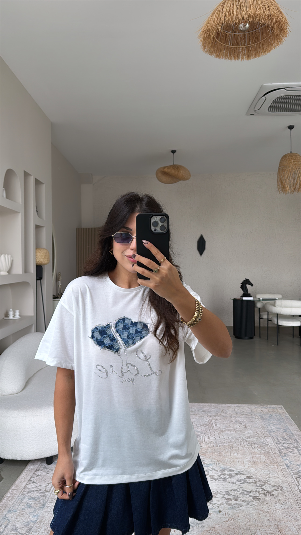 Denim Detaylı Taşlı Pamuklu Tshirt