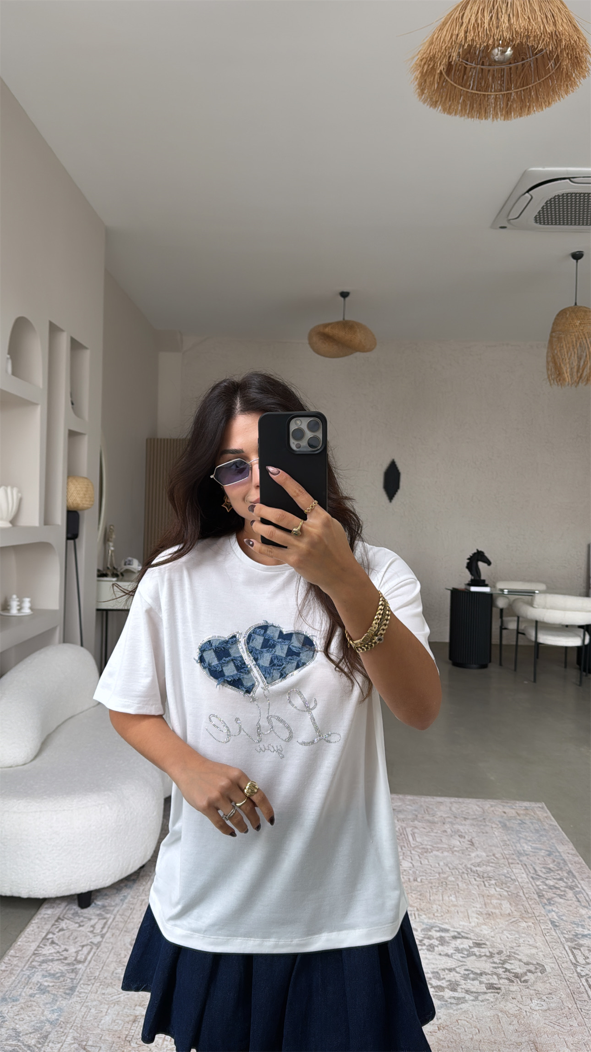 Denim Detaylı Taşlı Pamuklu Tshirt