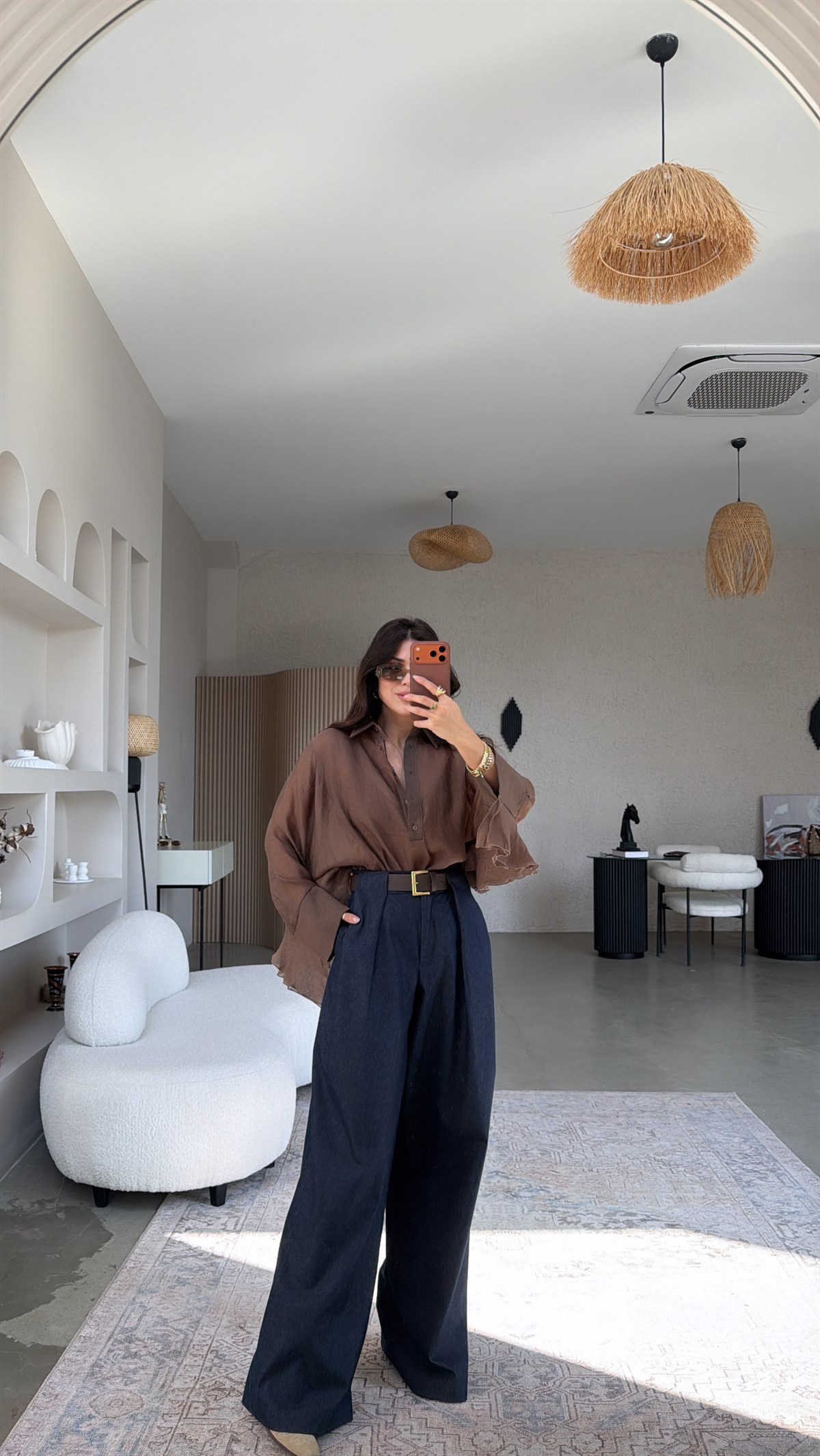 Denim Kemerli Yüksek Bel Tarz Pile Detay Pantolon