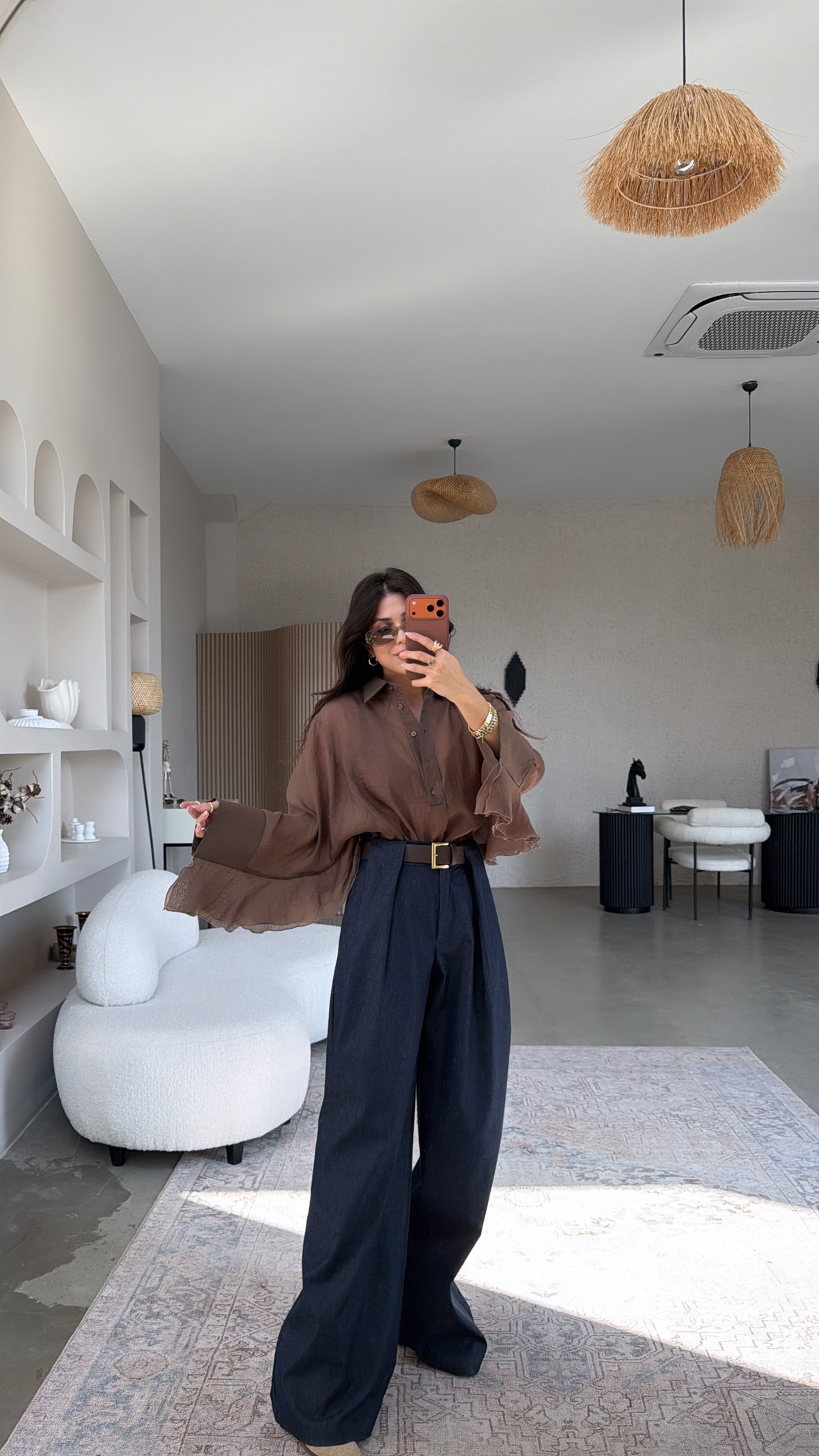 Denim Kemerli Yüksek Bel Tarz Pile Detay Pantolon