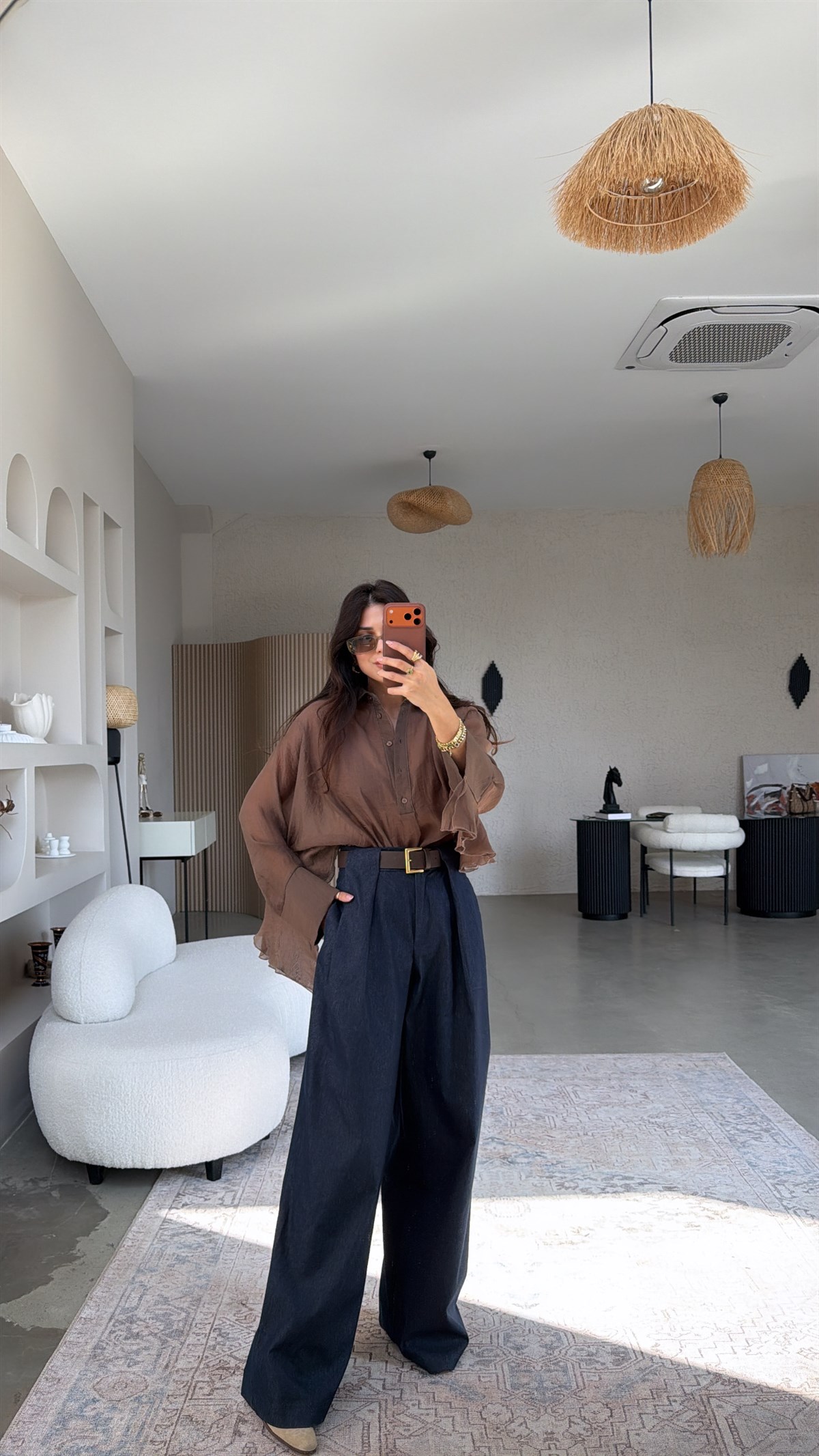 Denim Kemerli Yüksek Bel Tarz Pile Detay Pantolon