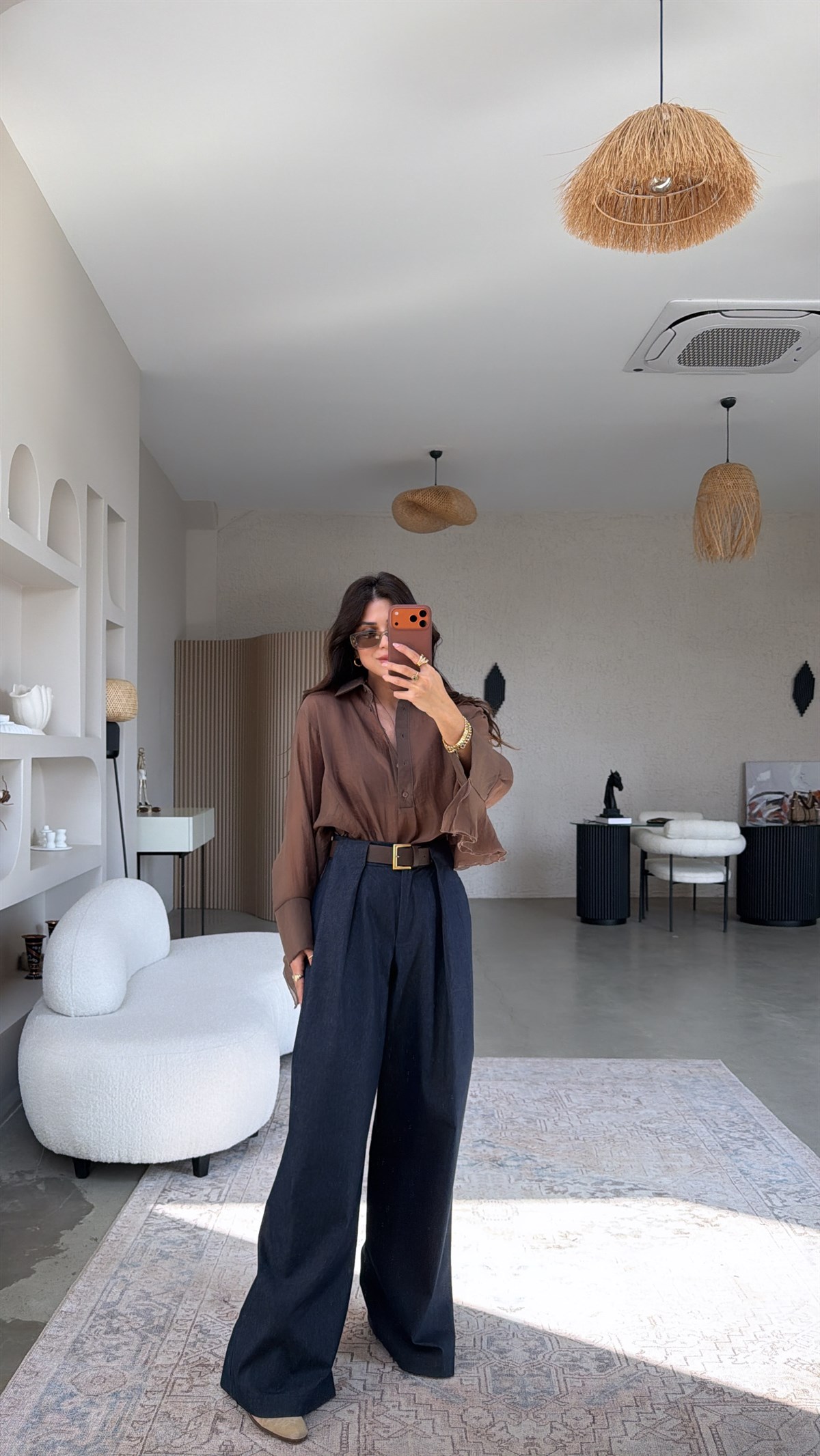 Denim Kemerli Yüksek Bel Tarz Pile Detay Pantolon