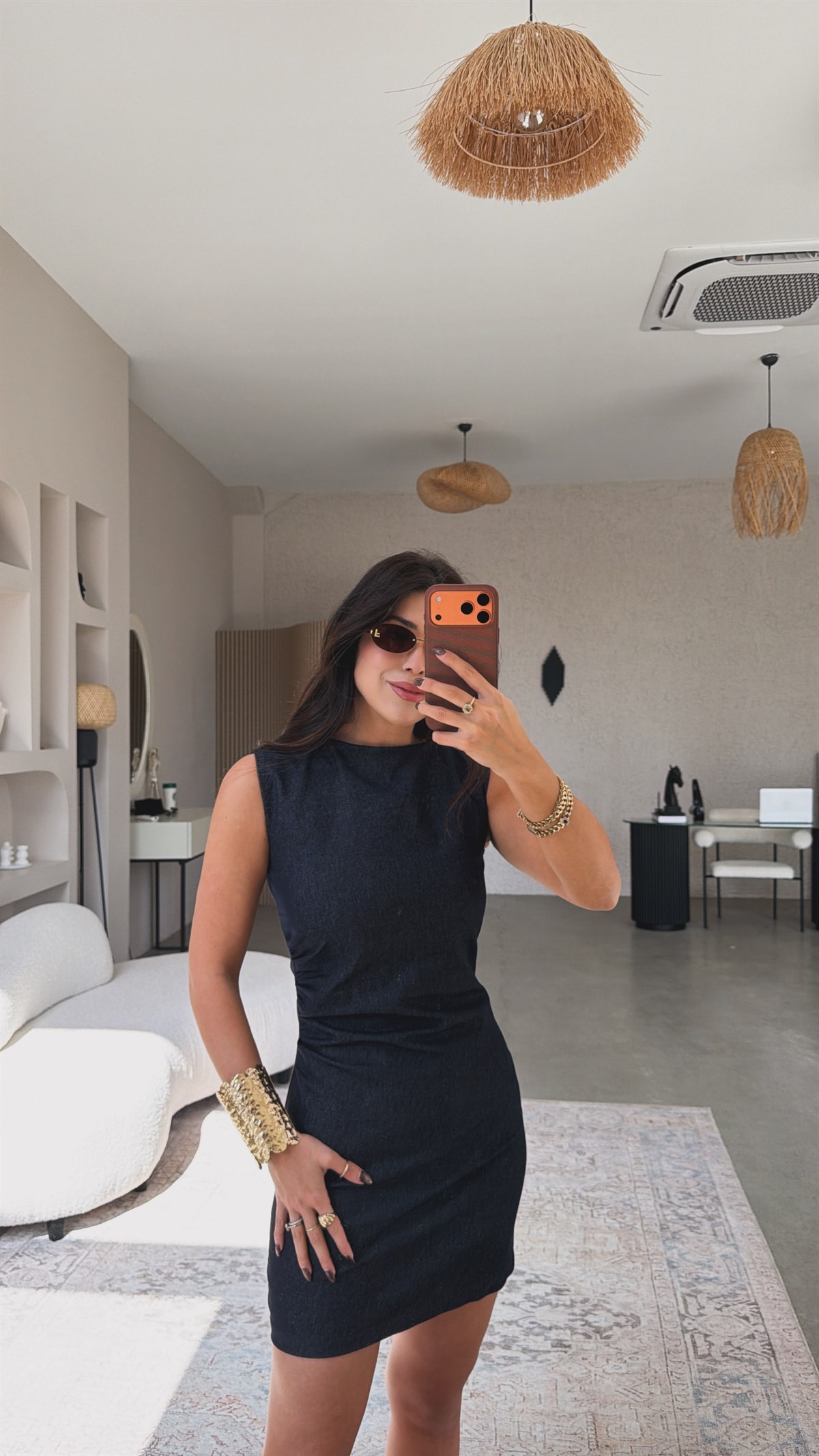 Denim Lacivert Yan Büzgülü Kolsuz Elbise