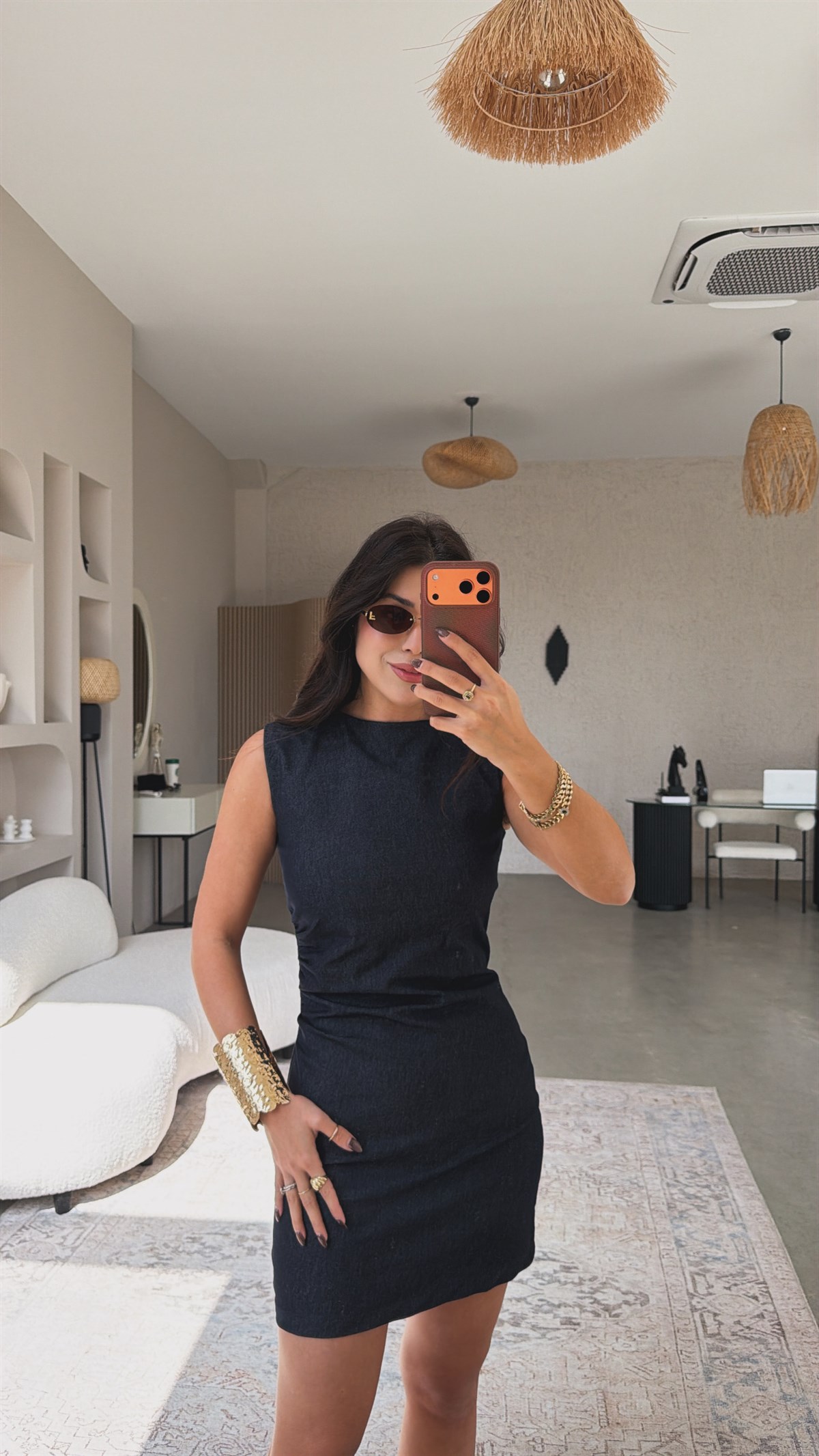 Denim Lacivert Yan Büzgülü Kolsuz Elbise
