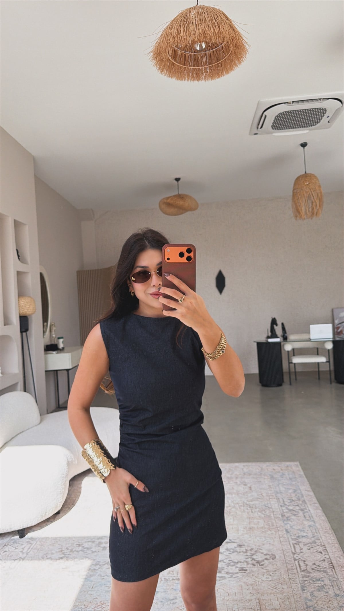 Denim Lacivert Yan Büzgülü Kolsuz Elbise
