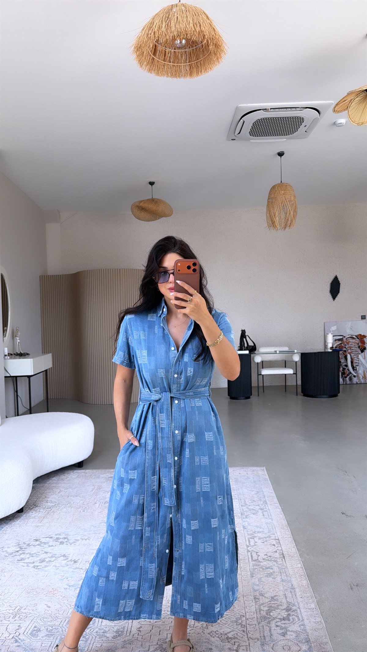 Denim Tensel Yıpratmalı Uzun Gömlek Elbise
