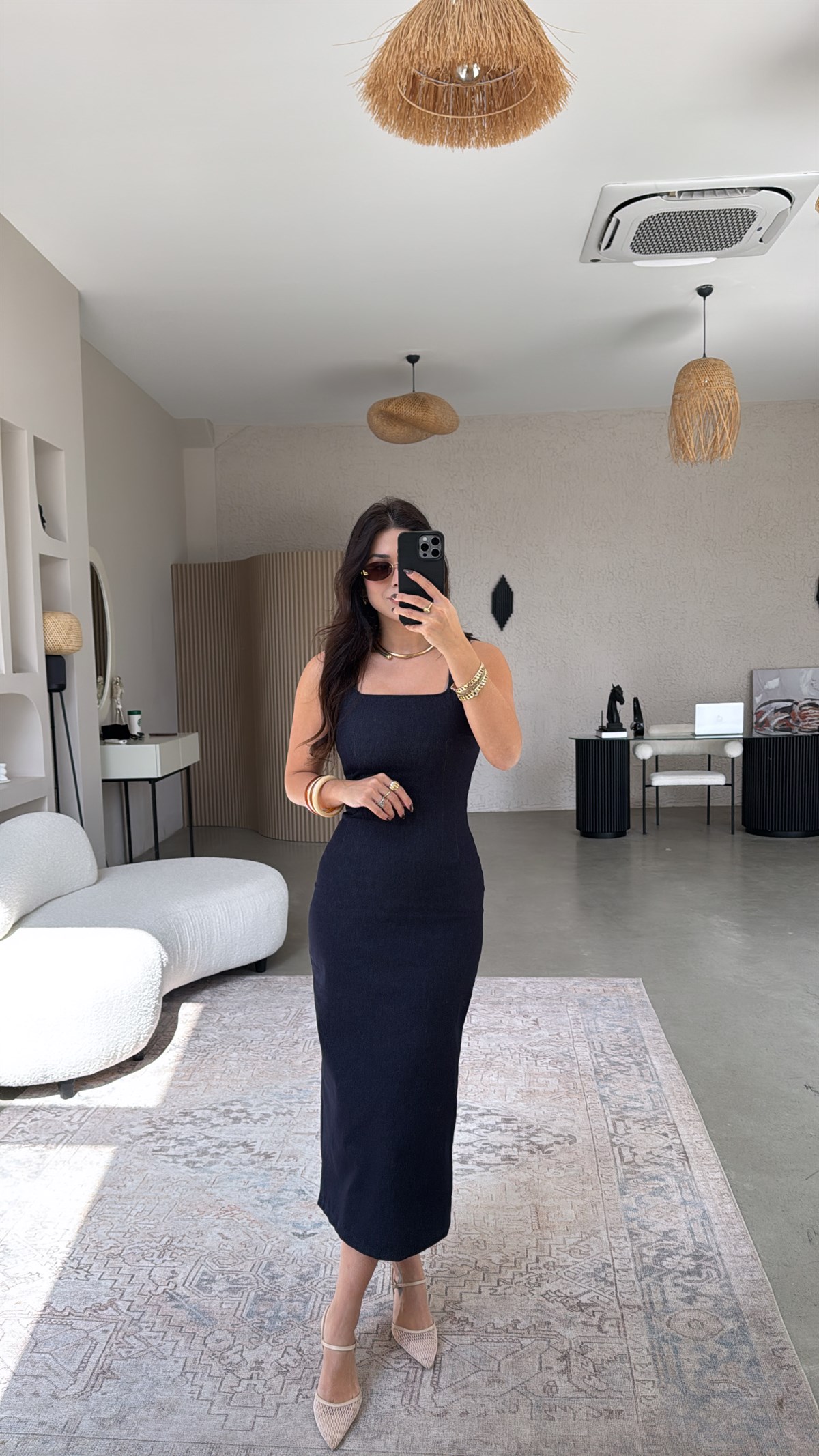 Denim Uzun Kare Yaka Kalem Elbise