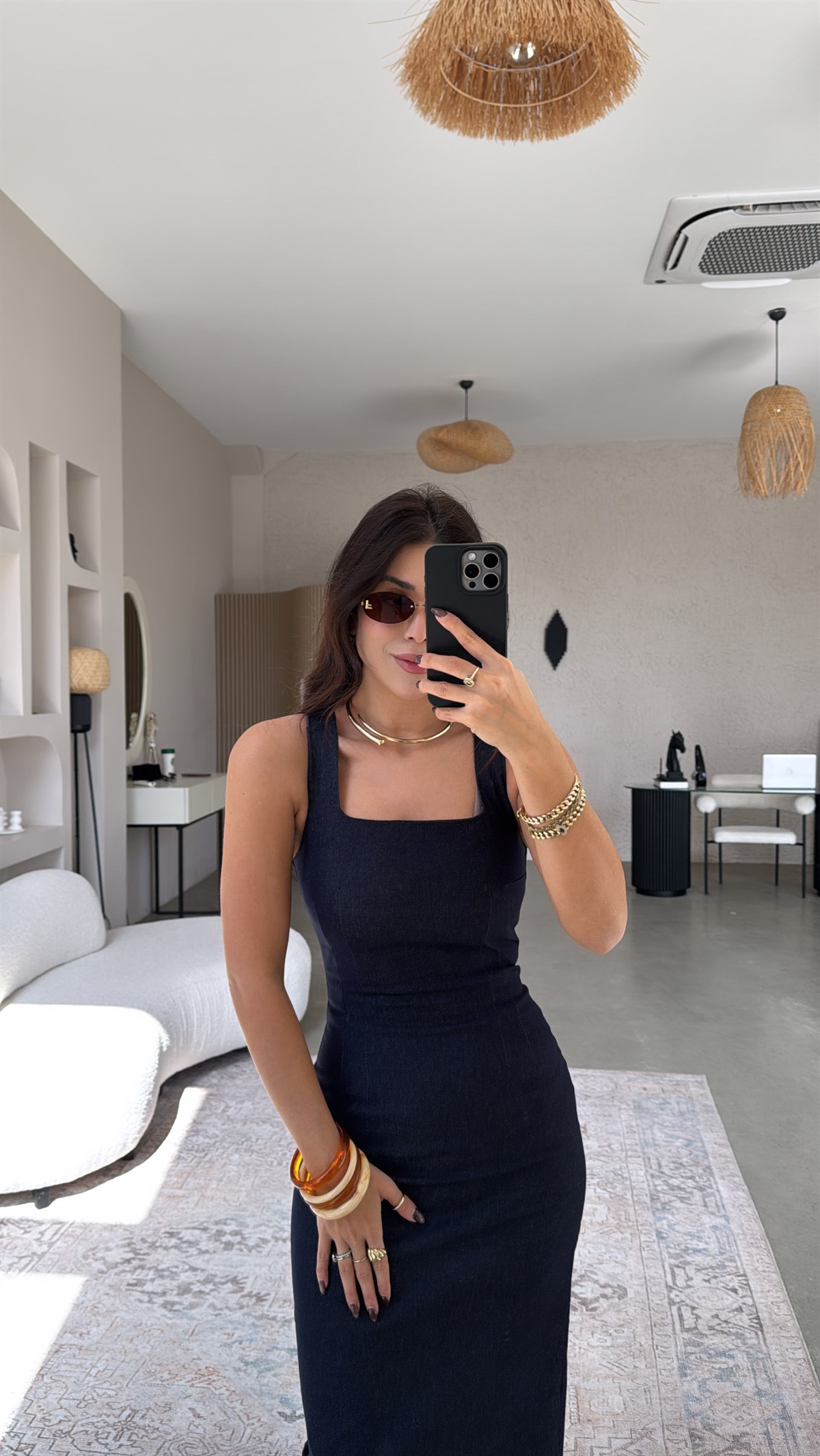 Denim Uzun Kare Yaka Kalem Elbise