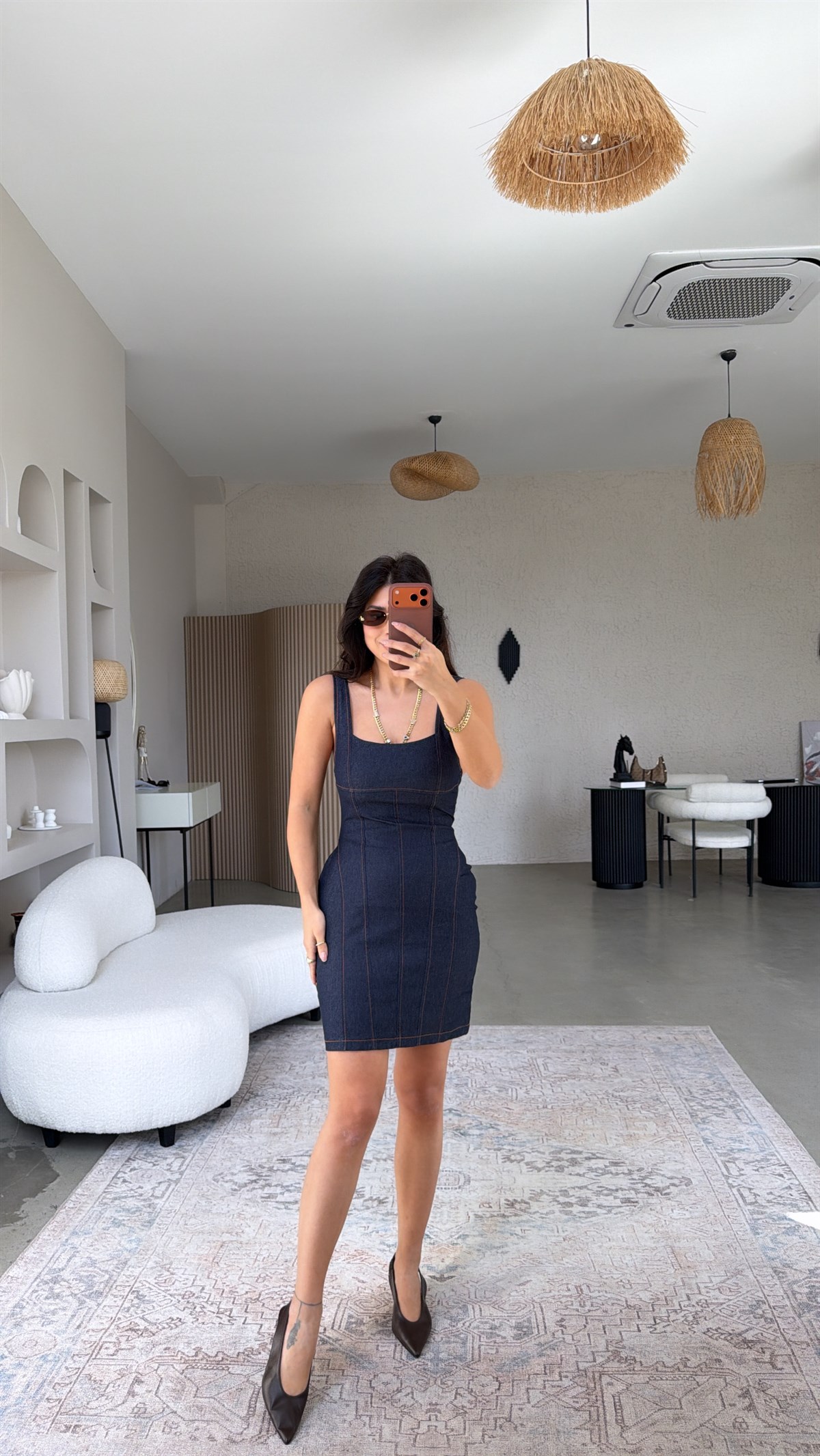 Dikiş Detaylı Askılı Lacivert Denim Elbise