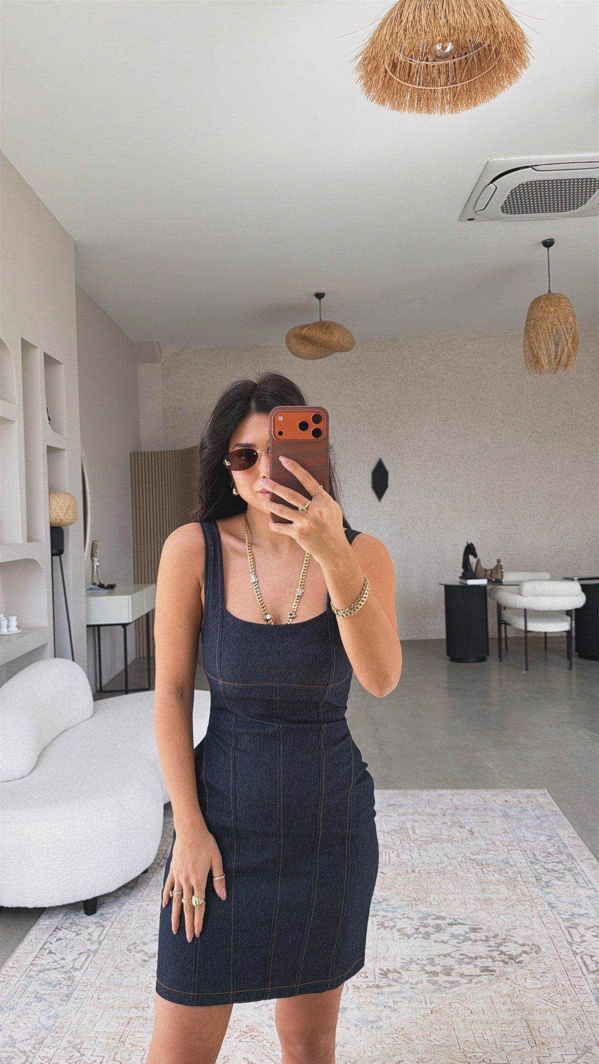 Dikiş Detaylı Askılı Lacivert Denim Elbise