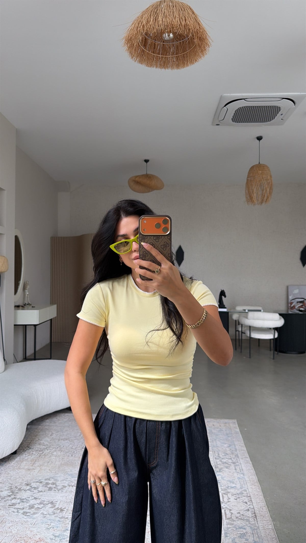 Dikiş Detaylı Sarı Pamuk Tshirt