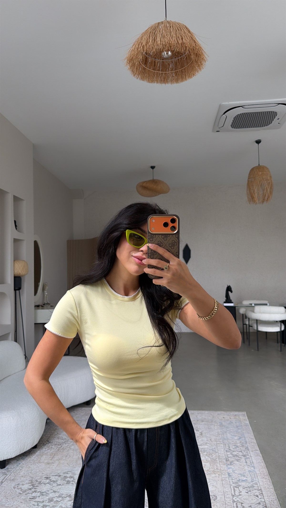 Dikiş Detaylı Sarı Pamuk Tshirt